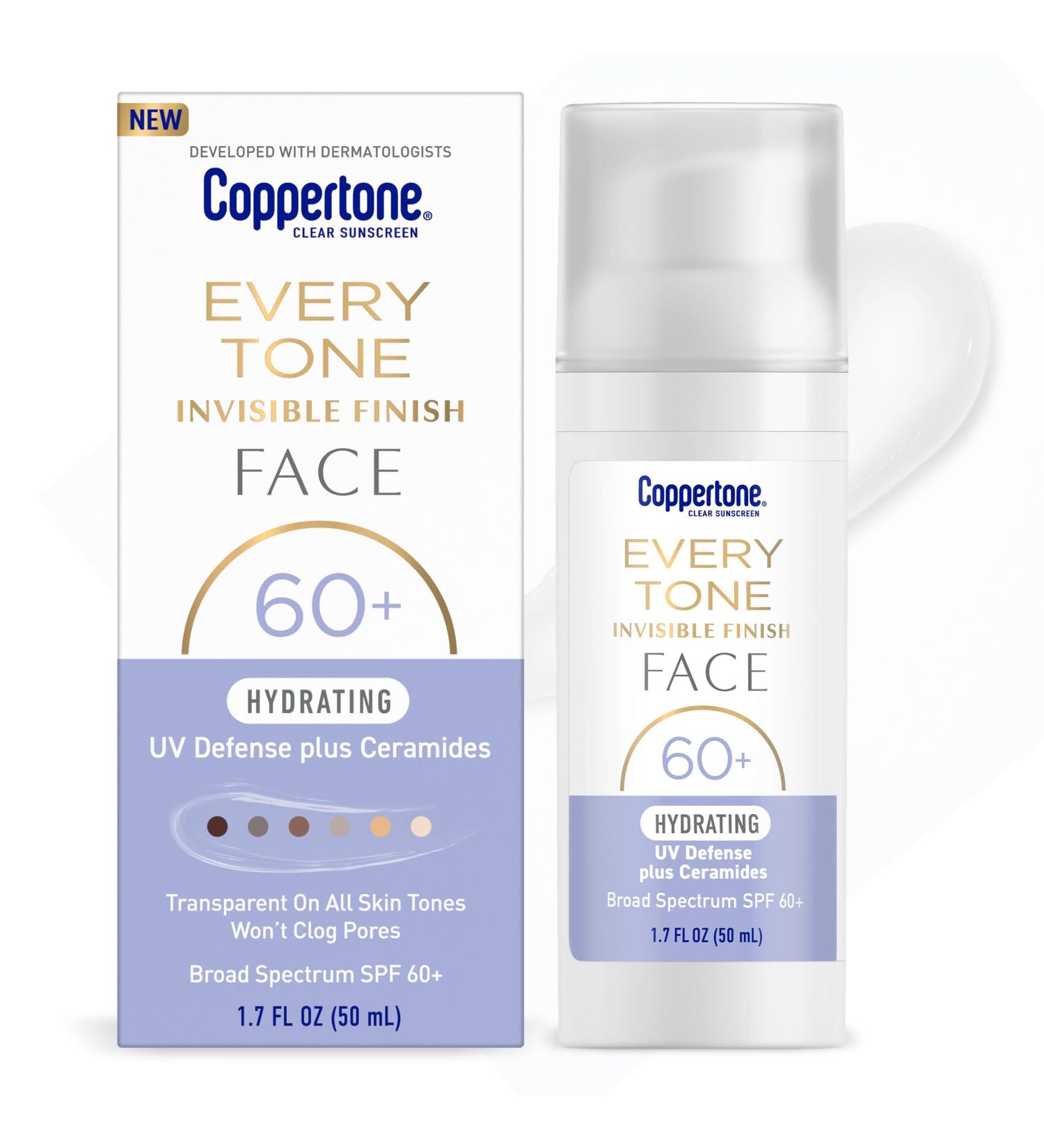 Coppertone Every Tone Invisible Finish Hydrating UV Defense Face Sunscreen SPF 60+ with Ceramides Lightweight Blends in Clear Sunscreen for All Skin Tones 1.7 Fl Oz Pump Bottle - Buy Online on GoSupps.com