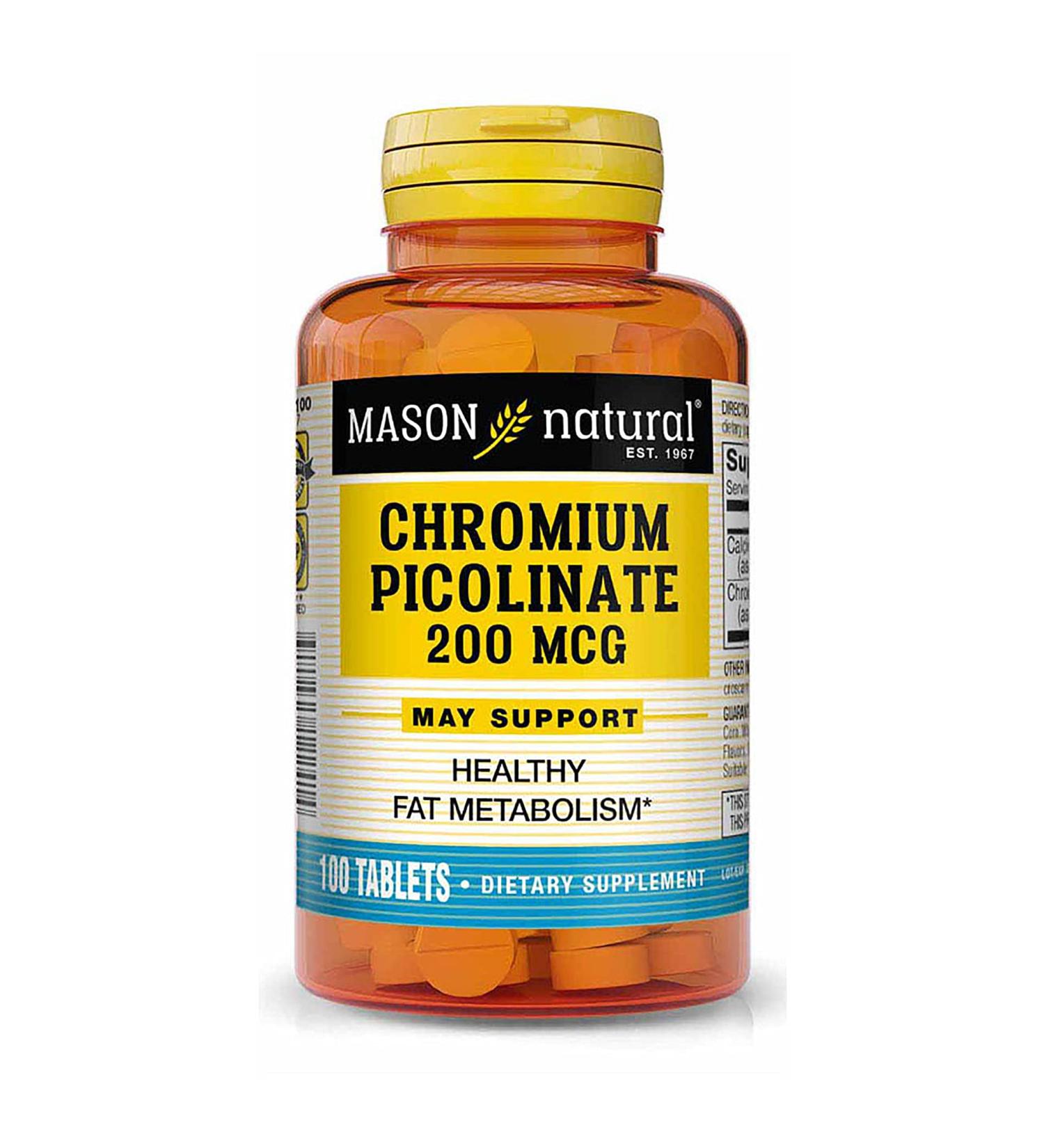 Mason Natural Chromium Picolinate 200 mcg with Calcium - Blood Sugar Support & Fat Metabolism - 100 Tablets - Buy Online on GoSupps.com