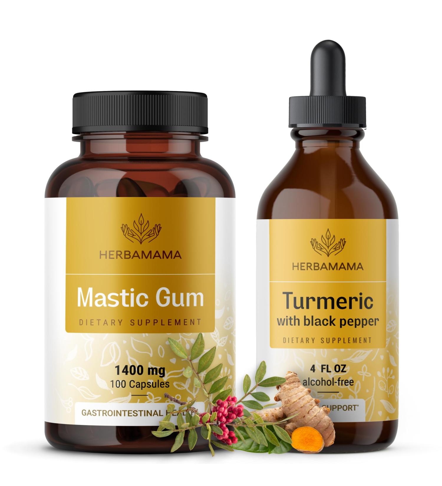 HERBAMAMA Mastic Gum and Turmeric Kit - Bundle of 1400 mg Mastic Gum Capsules & Turmeric Curcumin Tincture 4 fl oz - Vegan Non-GMO Sugar & Alcohol-Free - 2 Pack - Buy Online on GoSupps.com