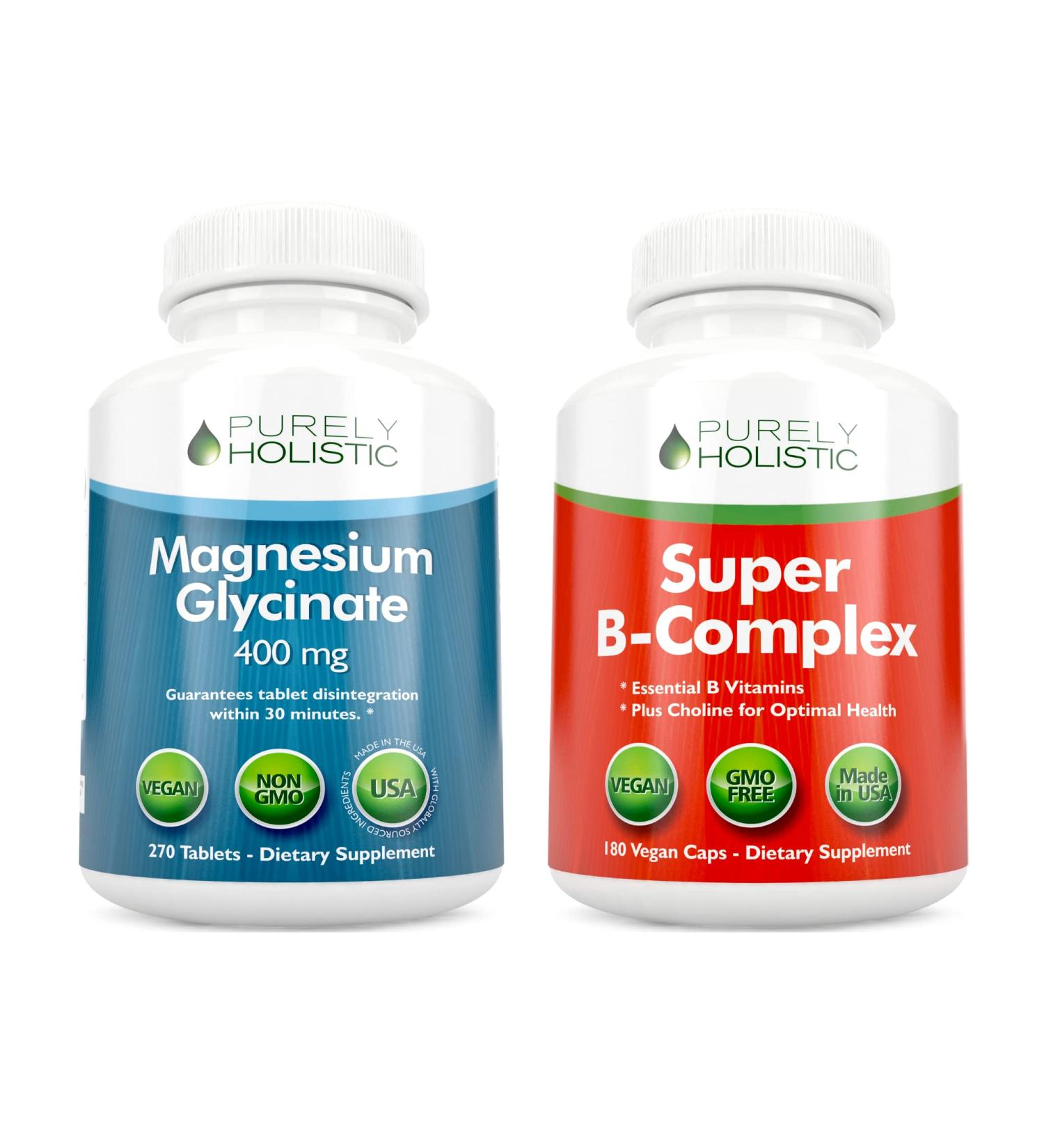 Magnesium Glycinate 400mg + Super Vitamin B Complex Bundle - 270 Tablets & 180 Capsules | Vegan | Made in USA - Buy Online on GoSupps.com