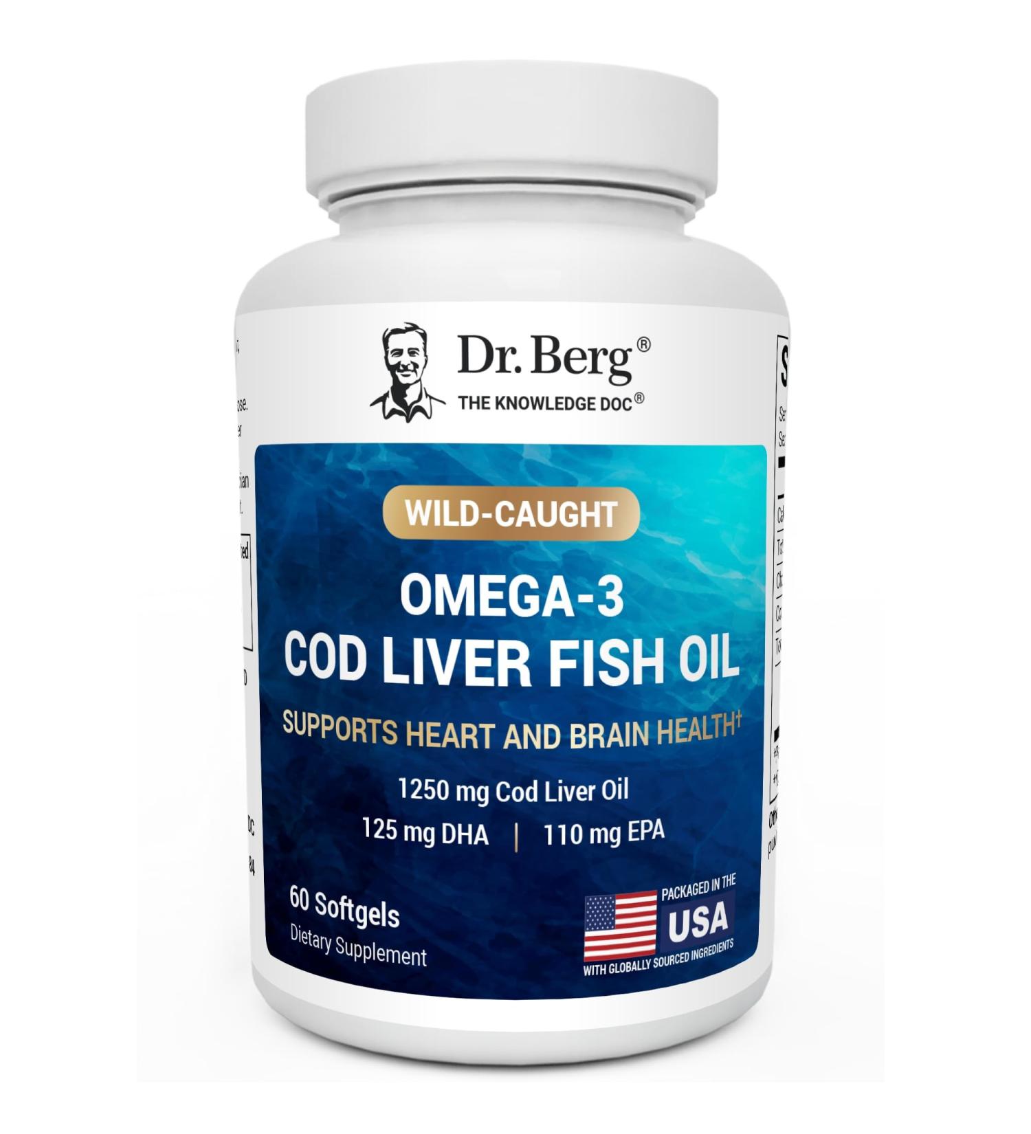 Dr. Berg Maximum Strength Omega-3 Cod Liver Fish Oil (1250 mg) from Wild-Caught Cod - Lemon-Flavored Omega-3 Fish Oil for Women & Men - EPA DHA Supplement 60 Softgels - Buy Online on GoSupps.com