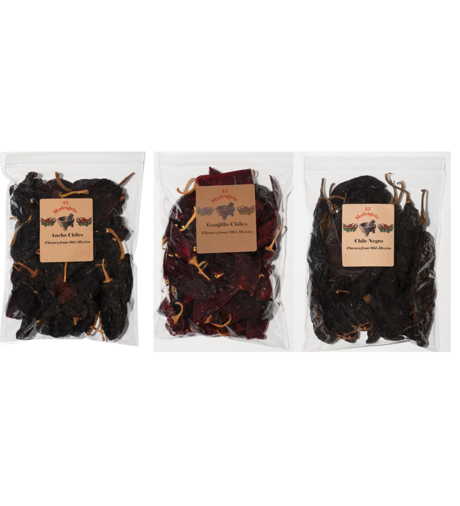 El Molcajete Brand Mexican Chiles Variety Pack - Ancho, Guajillo, Pasilla Negro (5 oz each) - 3 Resealable Bags for Authentic Mexican Recipes: Tamales, Salsa, Chili, Meats, Soups, Stews & BBQ - Buy Online on GoSupps.com