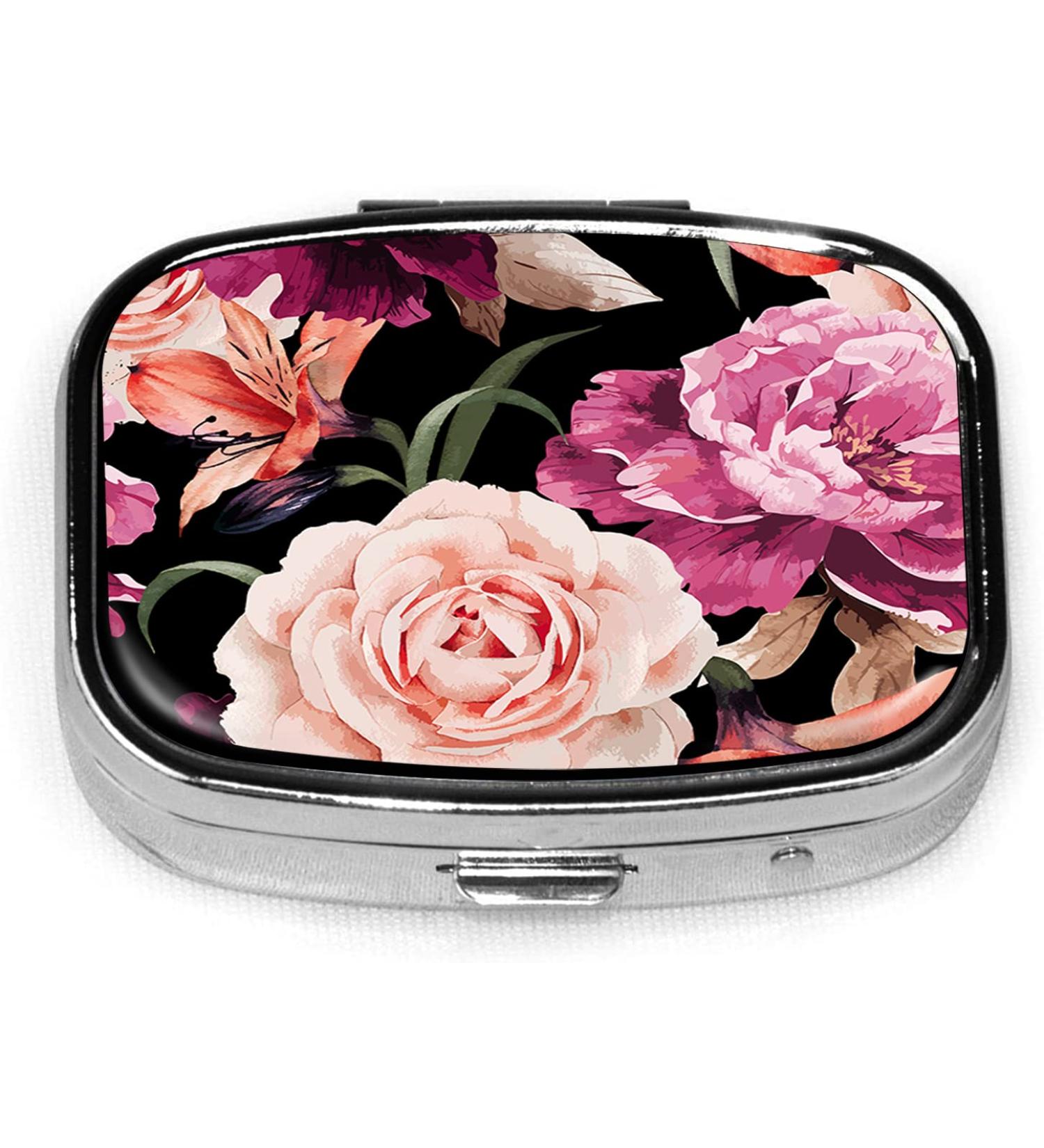 Travel Pill Cases with Mirror | Small Portable 2 Compartment Organizer | Colorful Rose Floral Tablet Holder for Purse - Buy Online on GoSupps.com