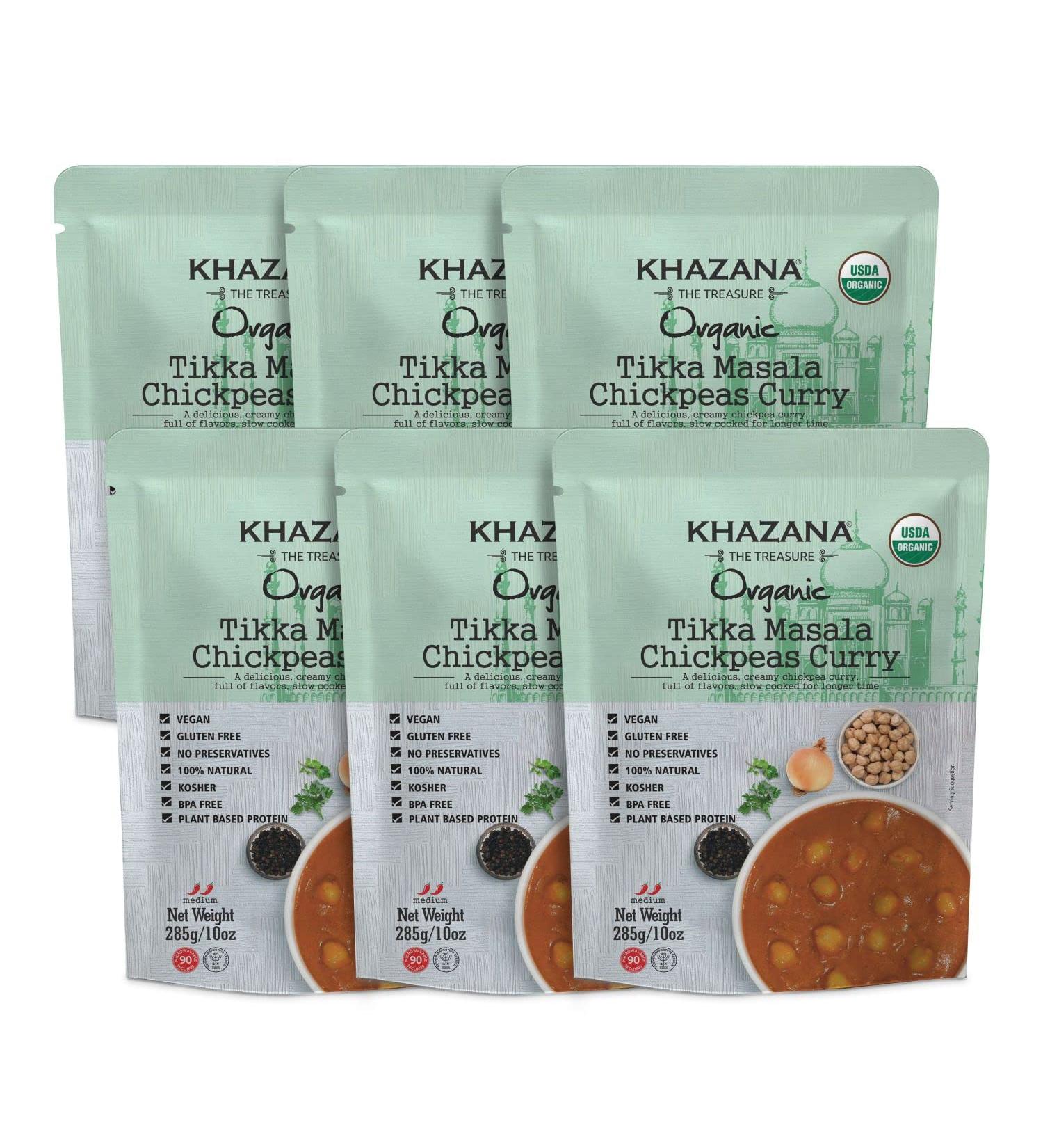 Khazana ORGANIC Tikka Masala Chickpea Curry (6-Pack) - Ready to Eat, Vegan, Non-GMO, Gluten-Free, Kosher - Authentic Indian Meals in 90 Seconds! - Buy Online on GoSupps.com