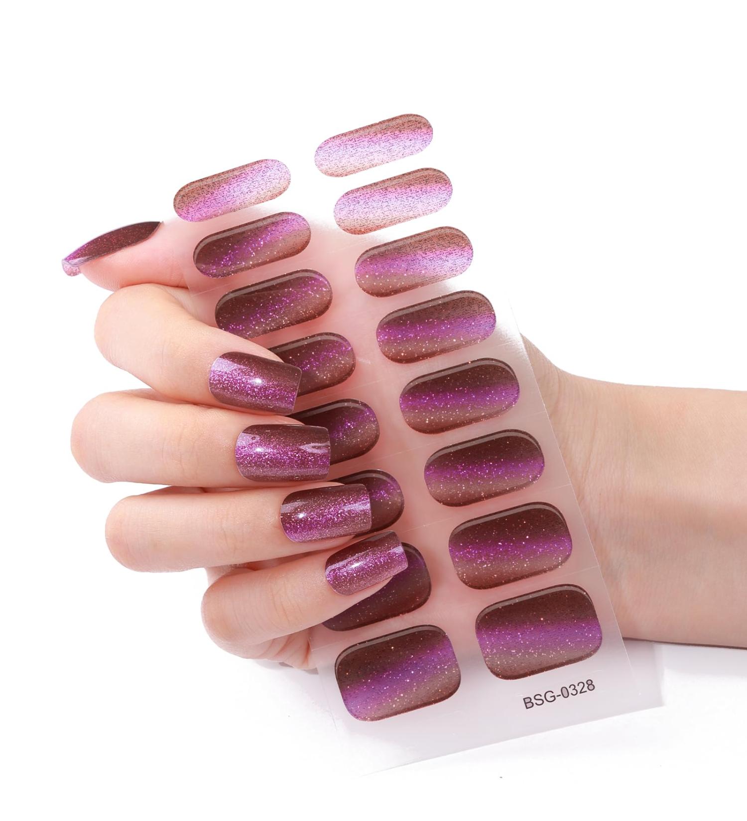 Semi Cured Gel Nails - 16PCS Stickers Nail Wraps Soft Self-Adhesive - Gel Nail Stickers Semi Cured Gel Nail Wraps - Glossy & Long Lasting Gel Nail Stickers Need UV Light (Glitter Purple) - Buy Online on GoSupps.com