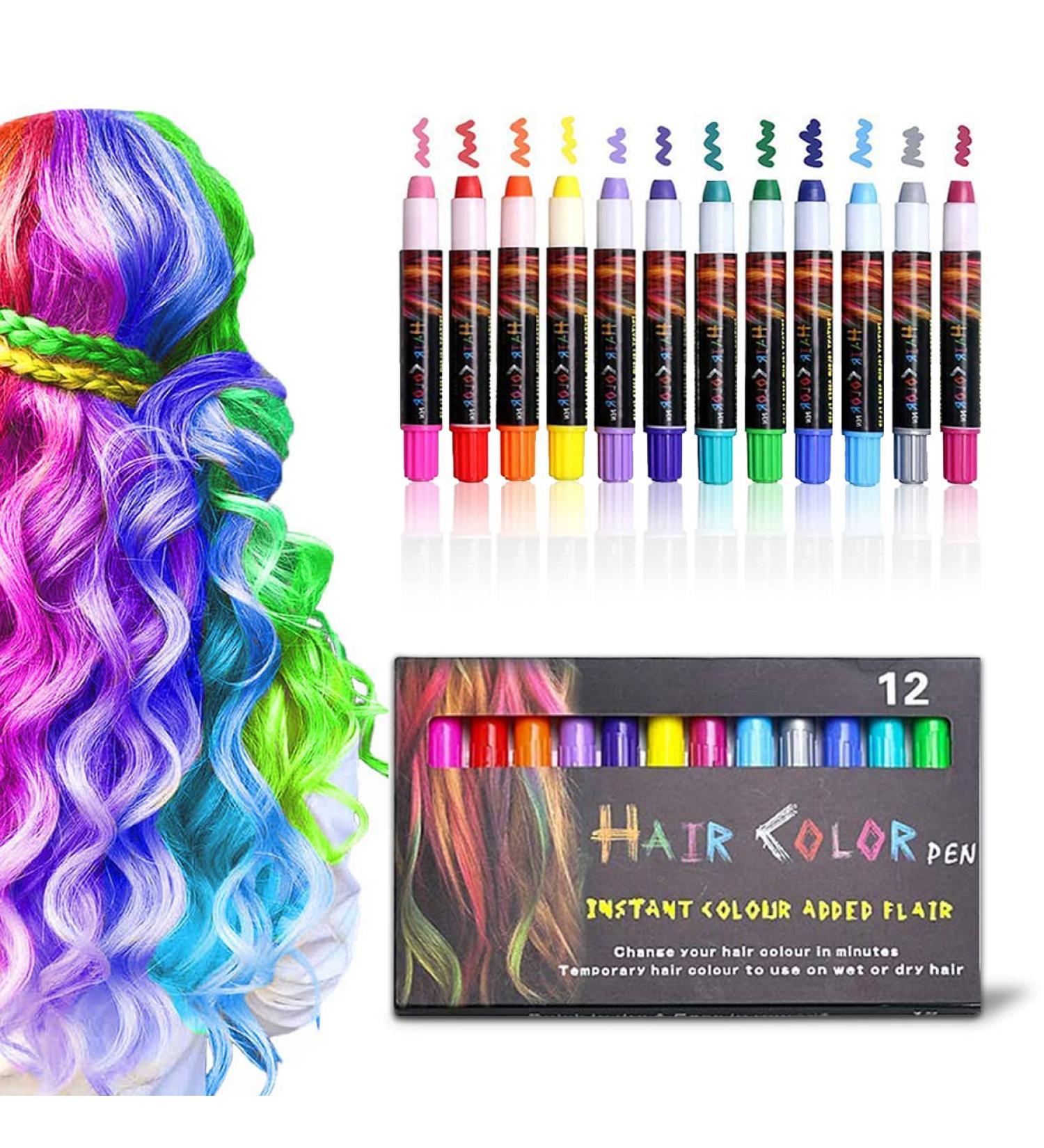 12 Color Hair Chalk Set for Kids - Temporary Washable Bright Hair Color Pen - Non-Toxic Hair Dye for Halloween, Christmas, Birthdays - Buy Online on GoSupps.com