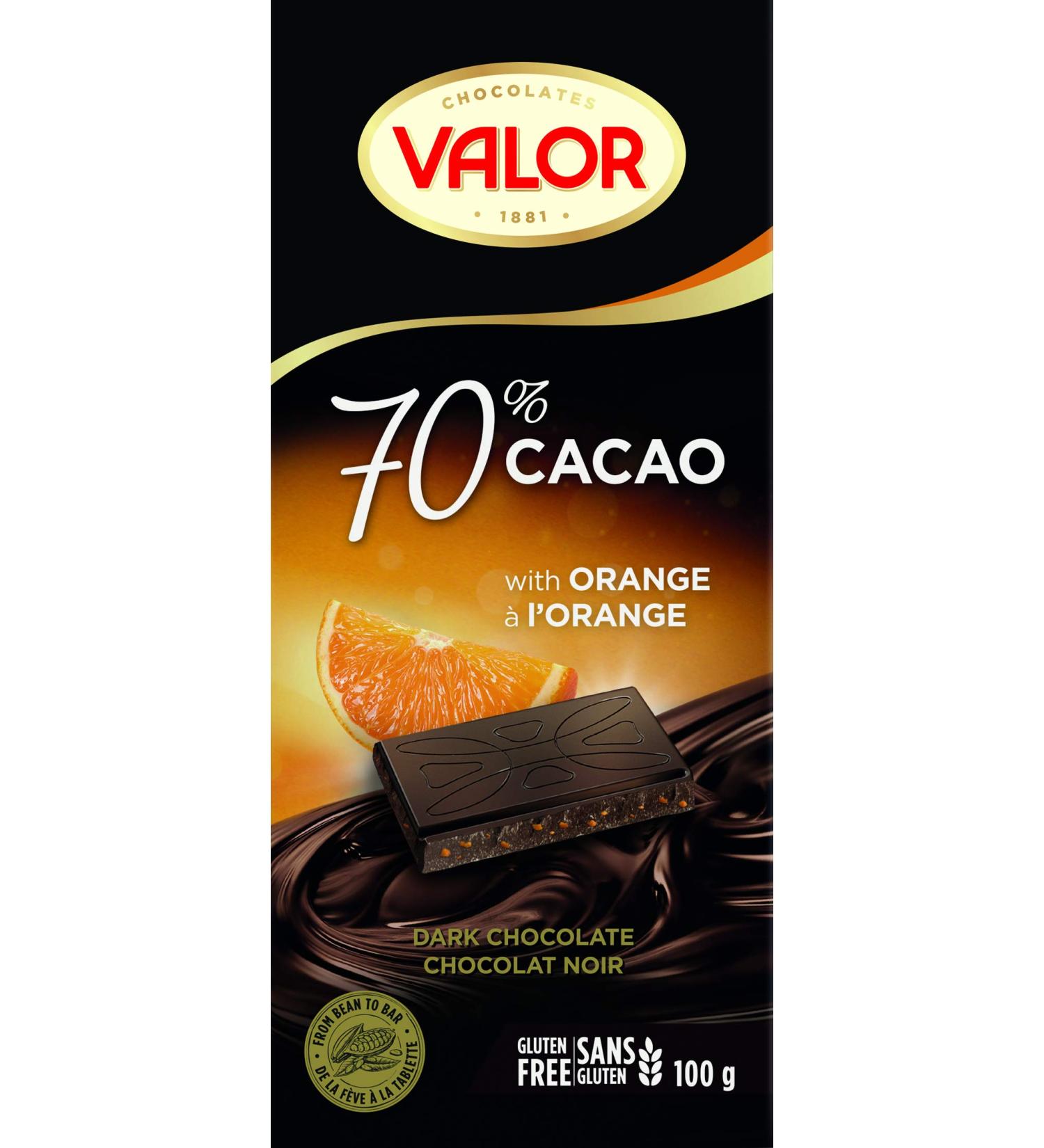 Valor Dark Chocolate 70% Cocoa with Orange - 3.5 oz (100g) | Premium Flavor & Richness - Buy Online on GoSupps.com