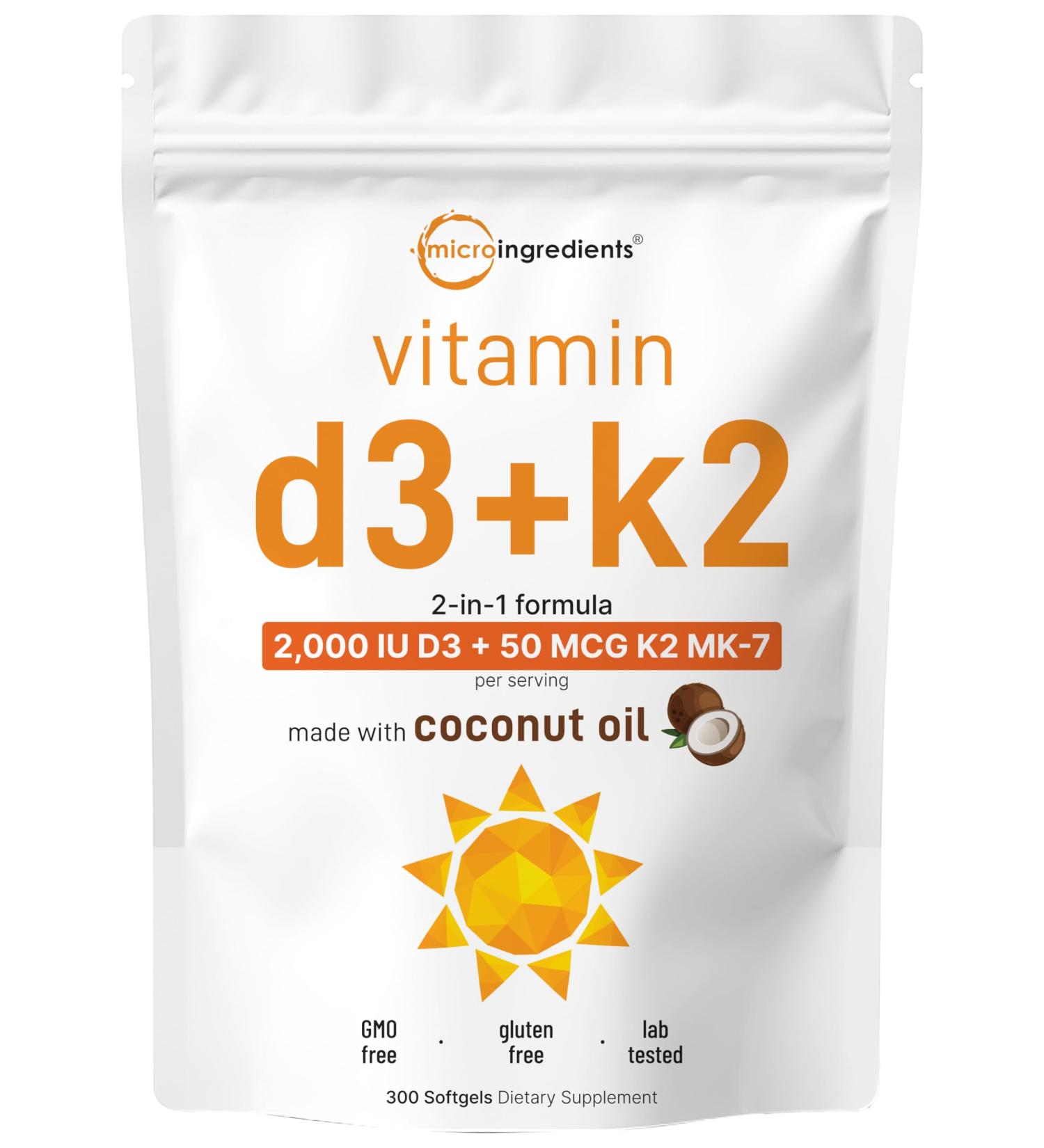 Micro Ingredients Vitamin D3 2 000 IU + K2 MK-7 50 mcg 300 Softgels | Virgin Coconut Oil | 2-in-1 Formula | Easy to Swallow Non-GMO 300 Count (Pack of 1) - Buy Online on GoSupps.com