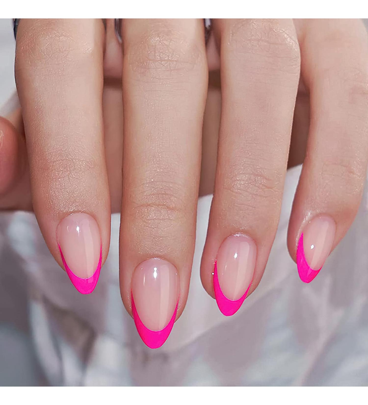 Hot Pink French Tip Press On Nails - Short Almond Glossy Acrylic False Nails | 24 Pcs Reusable Stick On Nails for Women & Girls - Buy Online on GoSupps.com