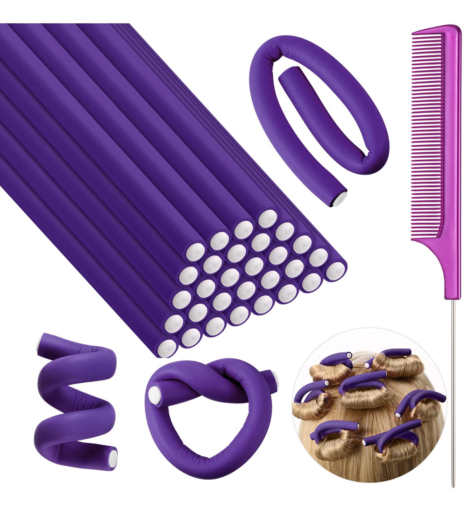 30-Piece Flexible Curling Rods Twist Foam Hair Rollers + Steel Pintail Comb Set 7x0.3 Inch (Purple) - For Women & Girls, Long & Short Hair - Buy Online on GoSupps.com