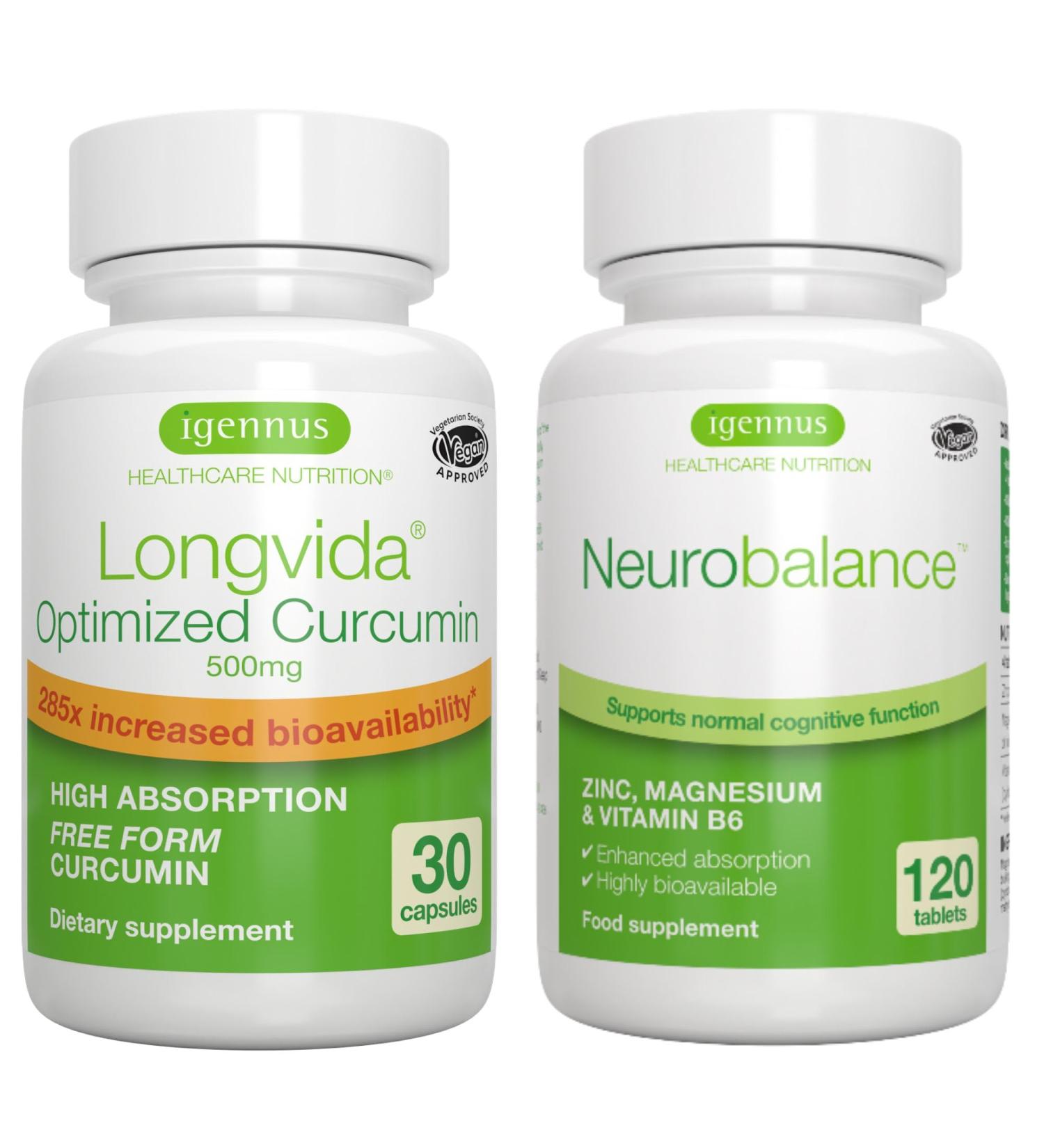 Longvida Curcumin 500mg + Neurobalance High Absorption Zinc Magnesium B6 Vegan Bundle Ultra Bioavailable Curcumin with Chelated Zinc Picolinate 24mg Oxide-Free Magnesium by Igennus - Buy Online on GoSupps.com