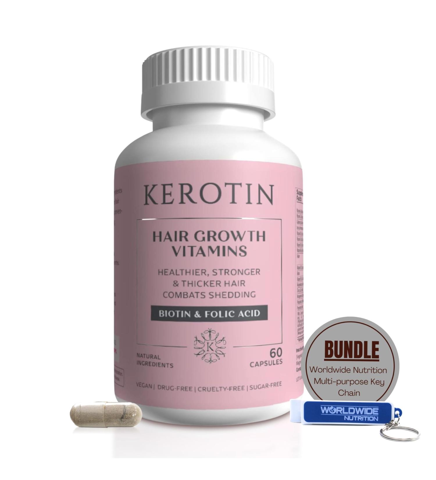 Worldwide Nutrition Kerotin Hair Growth Vitamins - Biotin DHT Blocker Supplement & Key Chain - 60 Count for Natural Hair Strength - Buy Online on GoSupps.com