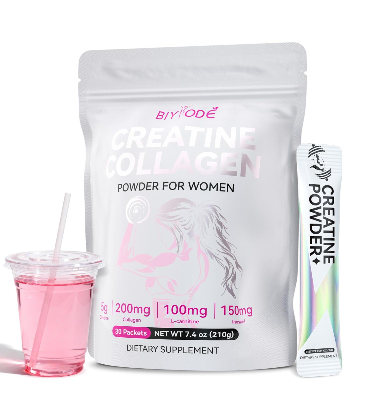 BIYODE Creatine Powder Sticks for Women: 5g Creatine 200mg Collagen L-Carnitine & Inositol for Workout Recovery & Endurance Support Pink Drink Packets 30 Servings - Buy Online on GoSupps.com