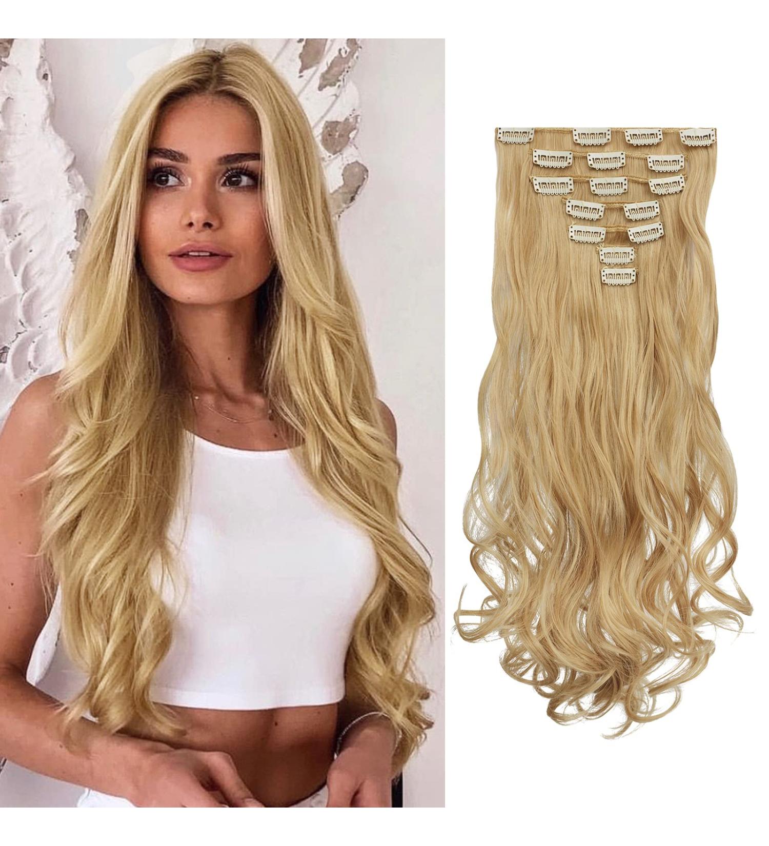Feshfen Clip-In Hair Extensions Set - Wavy 16 Clips 50cm Strawberry Blonde & Bleach Blonde Synthetic Hair for Women - Buy Online on GoSupps.com