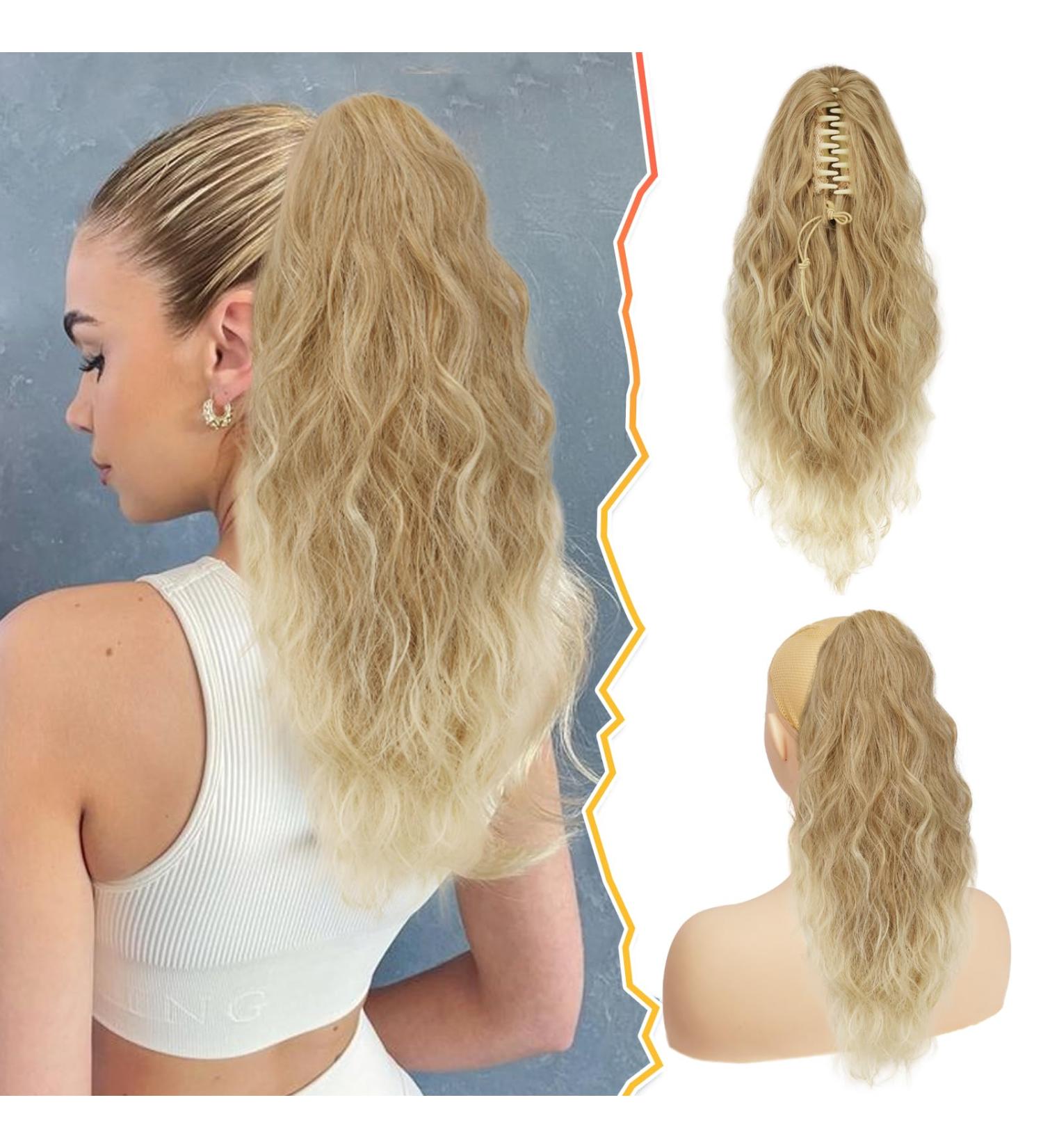 BARSDAR Blonde Ponytail Extension - 18 Inch Long Curly Wavy Claw Clip Hairpiece for Women - Synthetic Multi-layered Ponytail Extension in Buttery Blonde Ombre Beige - Ideal for Daily, Party, Halloween - Buy Online on GoSupps.com