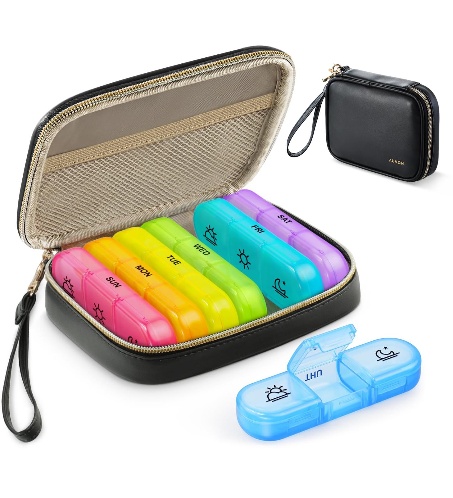 AUVON Weekly Pill Organizer - 3 Times a Day Large Pill Box with PU Leather Bag | Travel Medication Reminder for Vitamins & Supplements - A-Black - Buy Online on GoSupps.com