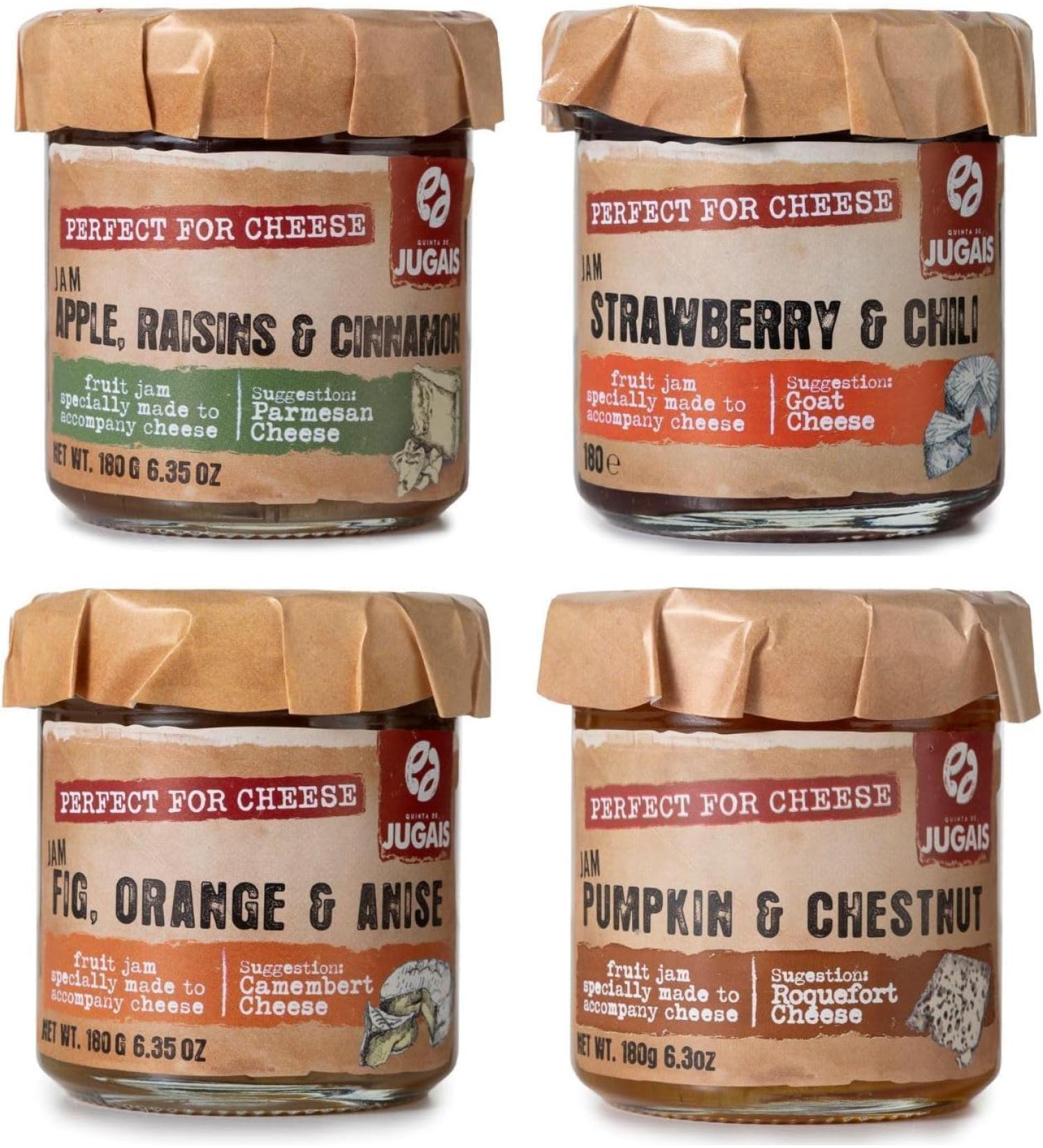 Quinta de Jugais Jam Selection - Unique Flavours - Pumpkin & Chestnut Orange & Anise Strawberry & Pepper Apple & Cinnamon - Perfect for Cheese - Set of 4 x 180g Jars - Buy Online on GoSupps.com