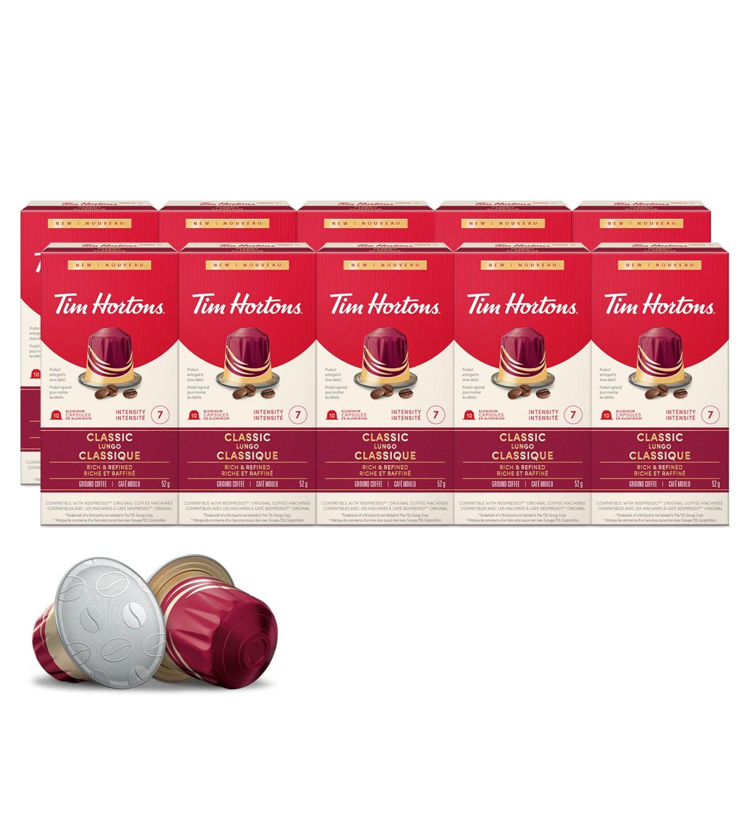 Tim Hortons Classic Lungo Capsules Nespresso Original Line Compatible Capsules 100 Count Classic Lungo 10 count (Pack of 10) - Buy Online on GoSupps.com