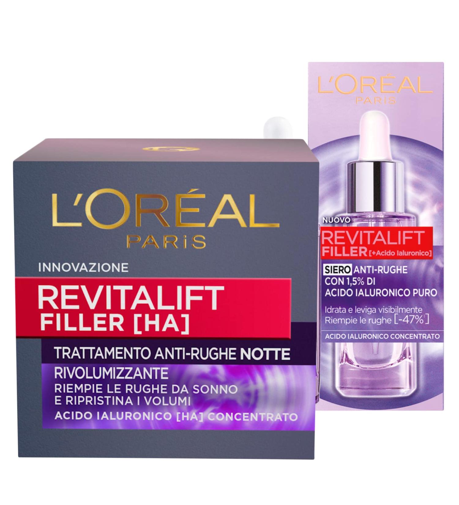 L'Or al Paris Revitalift Filler Face serum with an upholstery effect + Revitalift Filler Revolumizing anti-fold night face treatment cream-2 treatments with hyaluronic acid.