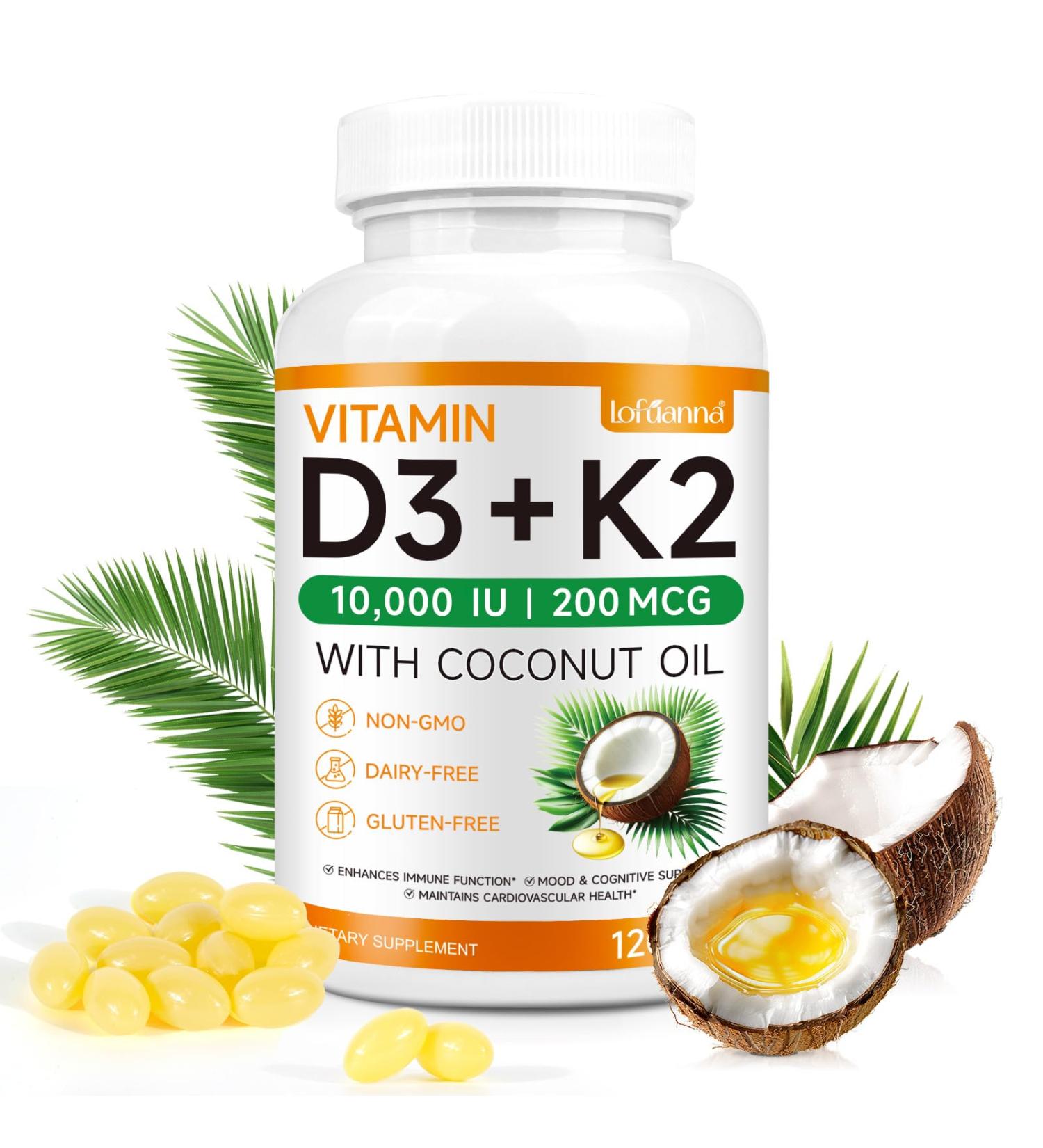 lofuanna Vitamin D3 K2 Supplement Softgels 2 in 1 Vitamin D3 & K2 with Coconut Oil Supplement - Supports Heart Teeth & Bone Health Free of GMO & Gluten - Buy Online on GoSupps.com