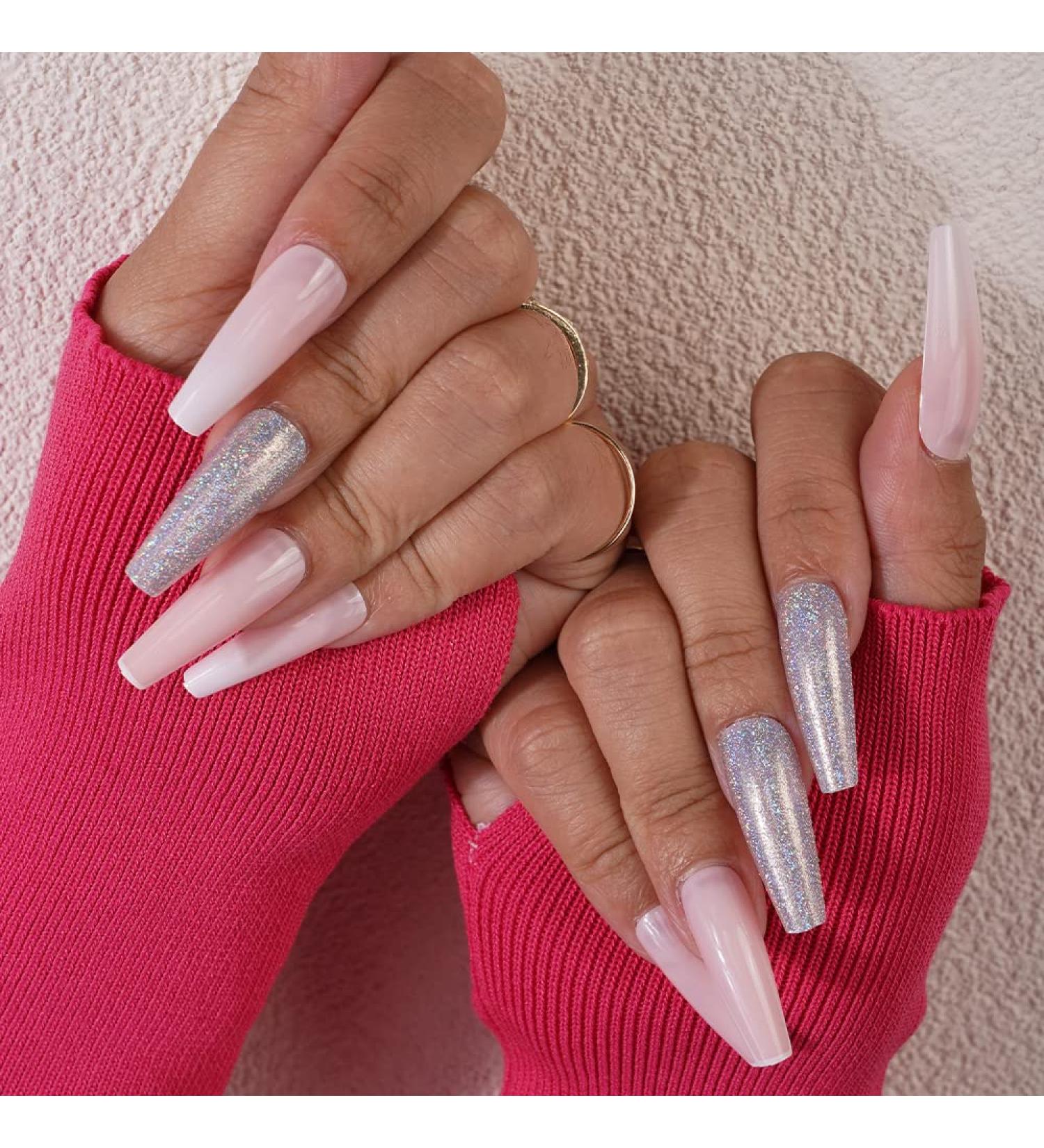 Xerling 24Pcs Bling Glitter Long Coffin Press-On Nails - Stylish French Fake Nails for Women & Girls - Full Cover Designs (Pattern D) - International Shipping Available - Buy Online on GoSupps.com