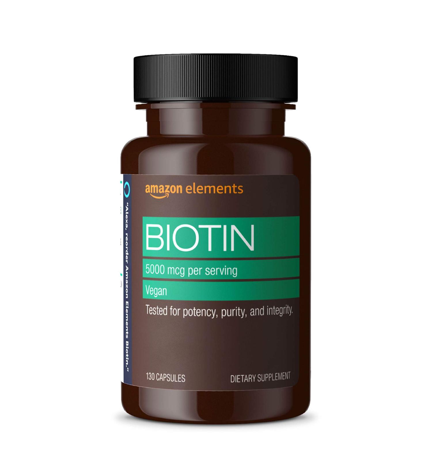 Amazon Elements Vegan Biotin 5000 mcg - Hair Skin Nails - 130 Capsules - Buy Online on GoSupps.com
