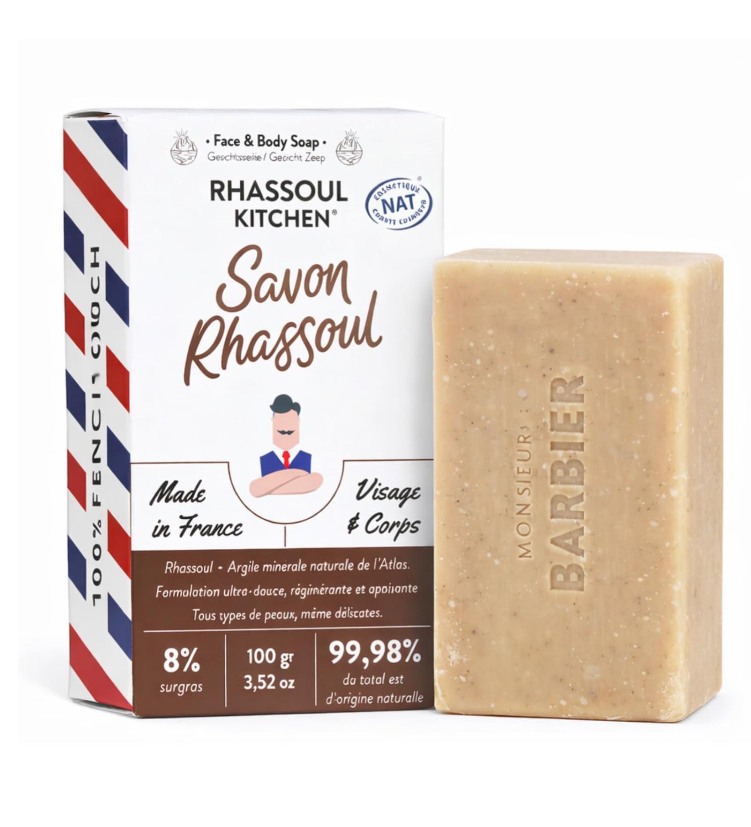 Savon solide artisanal au Rhassoul de Monsieur BARBIER | Visage & Peau | Fran ais naturel et v gan | Purifie et d toxifie | base d'Argile Rhassoul de Beurre de Karit et d'Huile de Ricin | 100g - Buy Online on GoSupps.com