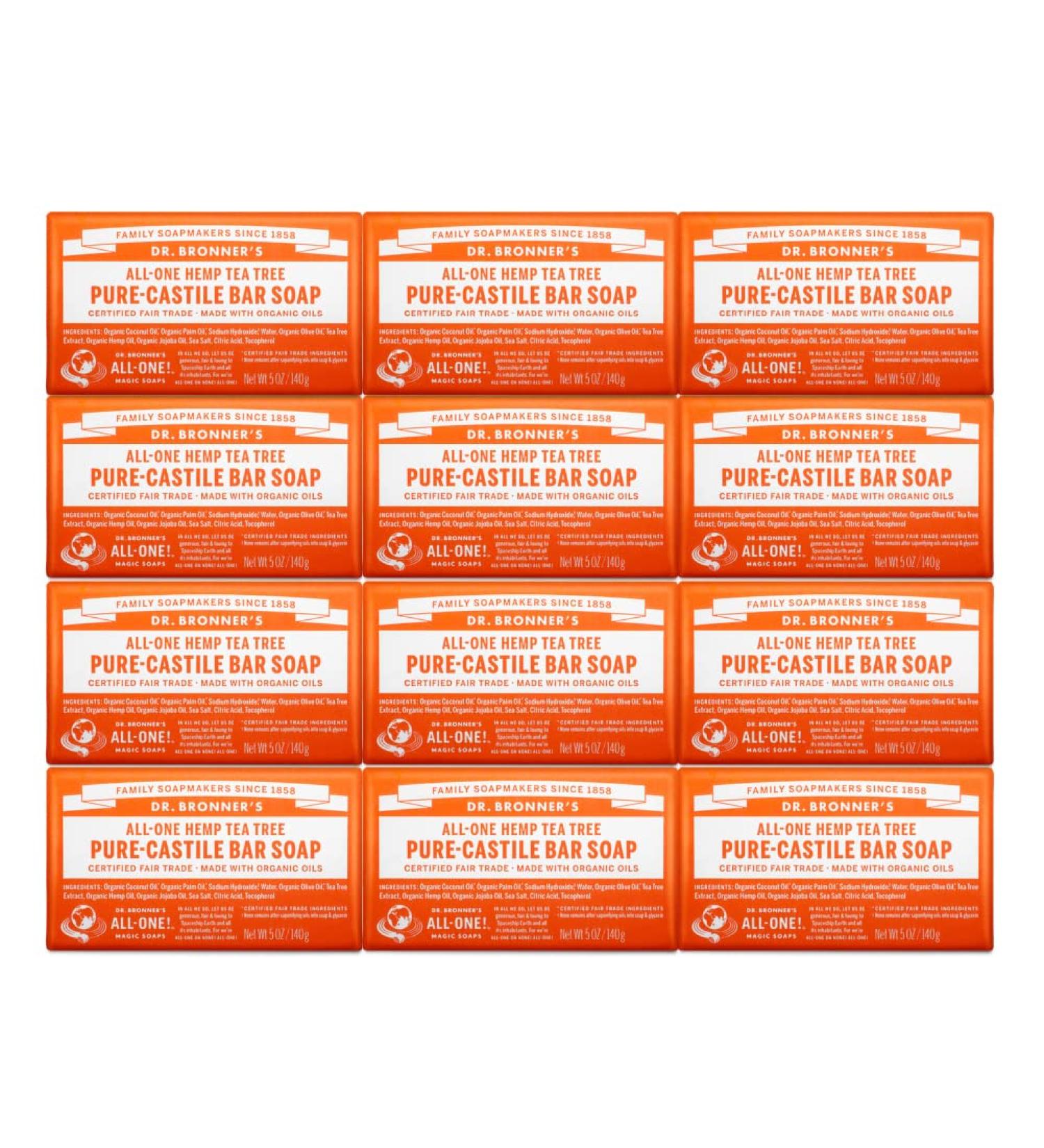 Dr. Bronner's Tea Tree Pure-Castile Bar Soap - Organic, Vegan, Non-GMO (5oz, 12-Pack) - Buy Online on GoSupps.com