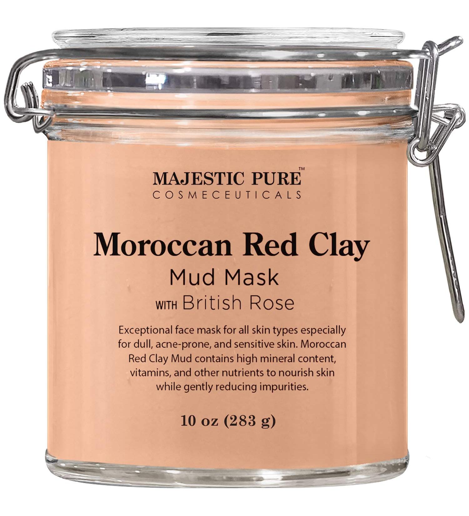 MAJESTIC PURE Moroccan Red Clay Facial Mud Mask with British Rose - 10 oz - For Pore Cleansing, Acne, and Blackheads - Buy Online on GoSupps.com