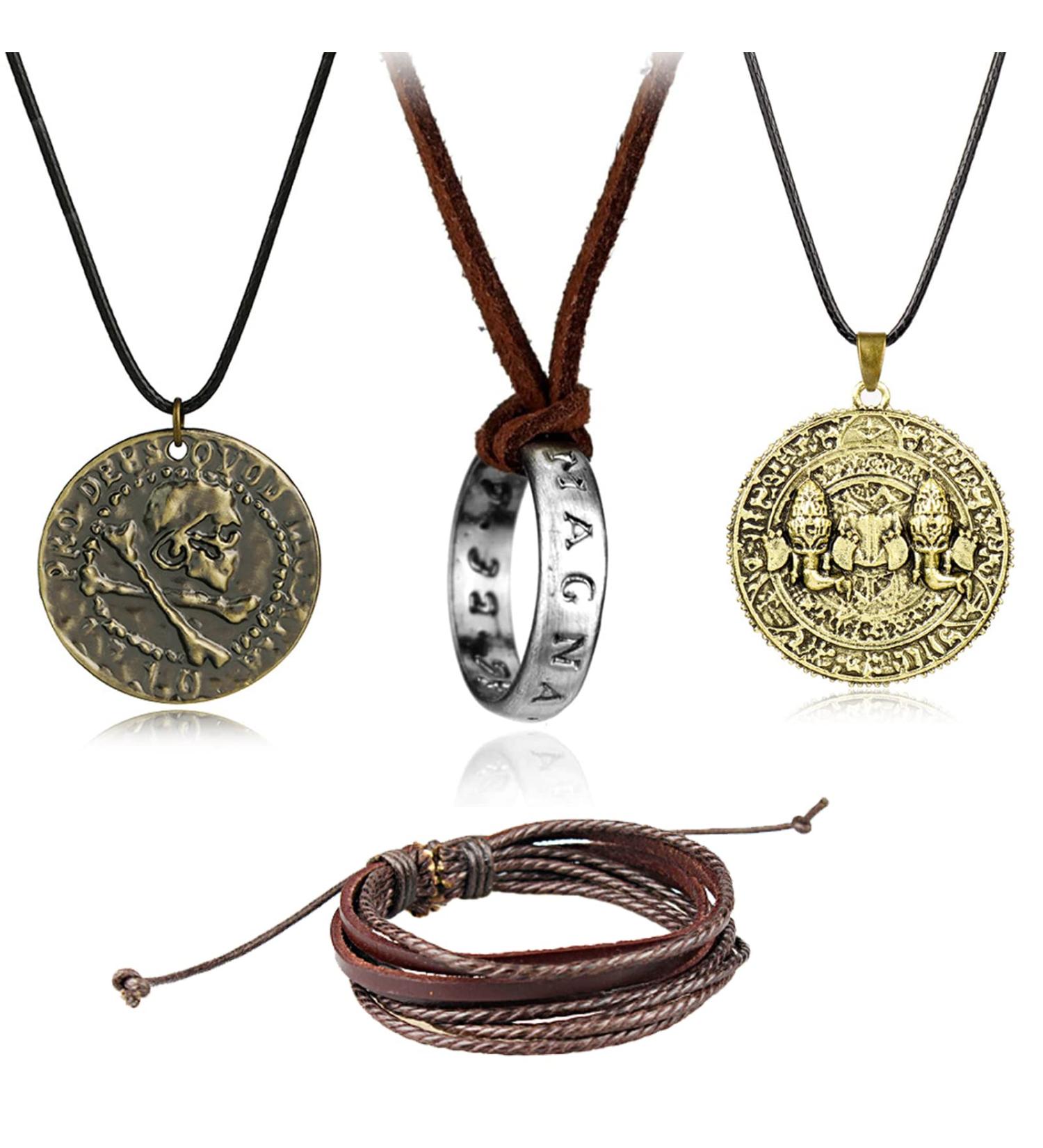 Uncharted Nathan Drake's Rings & Skull Coin Necklace - 4 Piece Braided Leather Bracelet Set | International Shipping Available - Buy Online on GoSupps.com