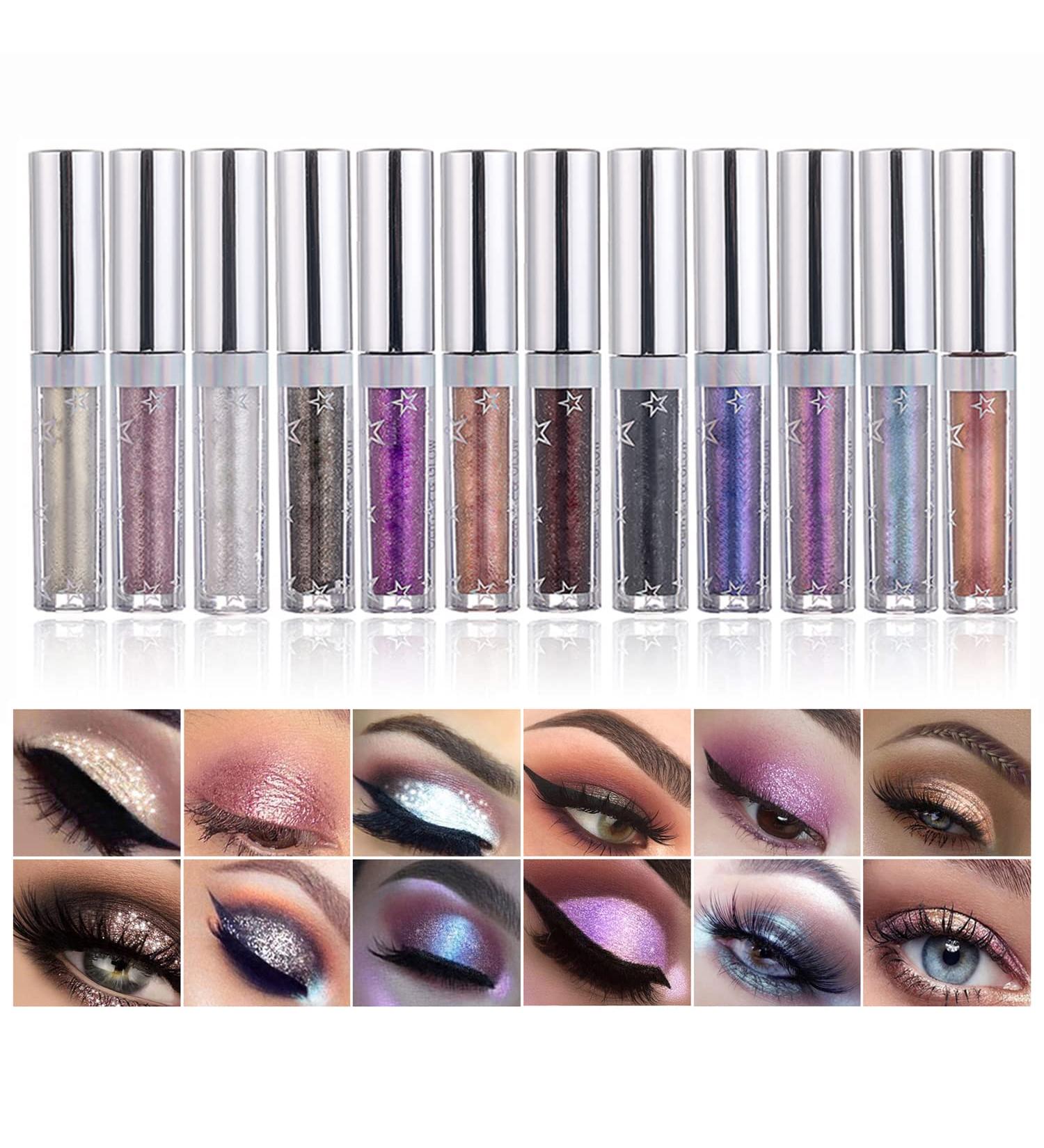 Hotiary Glitter Liquid Eyeshadow Set - 12 Metallic Pigments for Shimmer Makeup, Waterproof and Long Lasting Eye Shadow with Sparkling Eye Liner Pen - Gift Kit - Buy Online on GoSupps.com