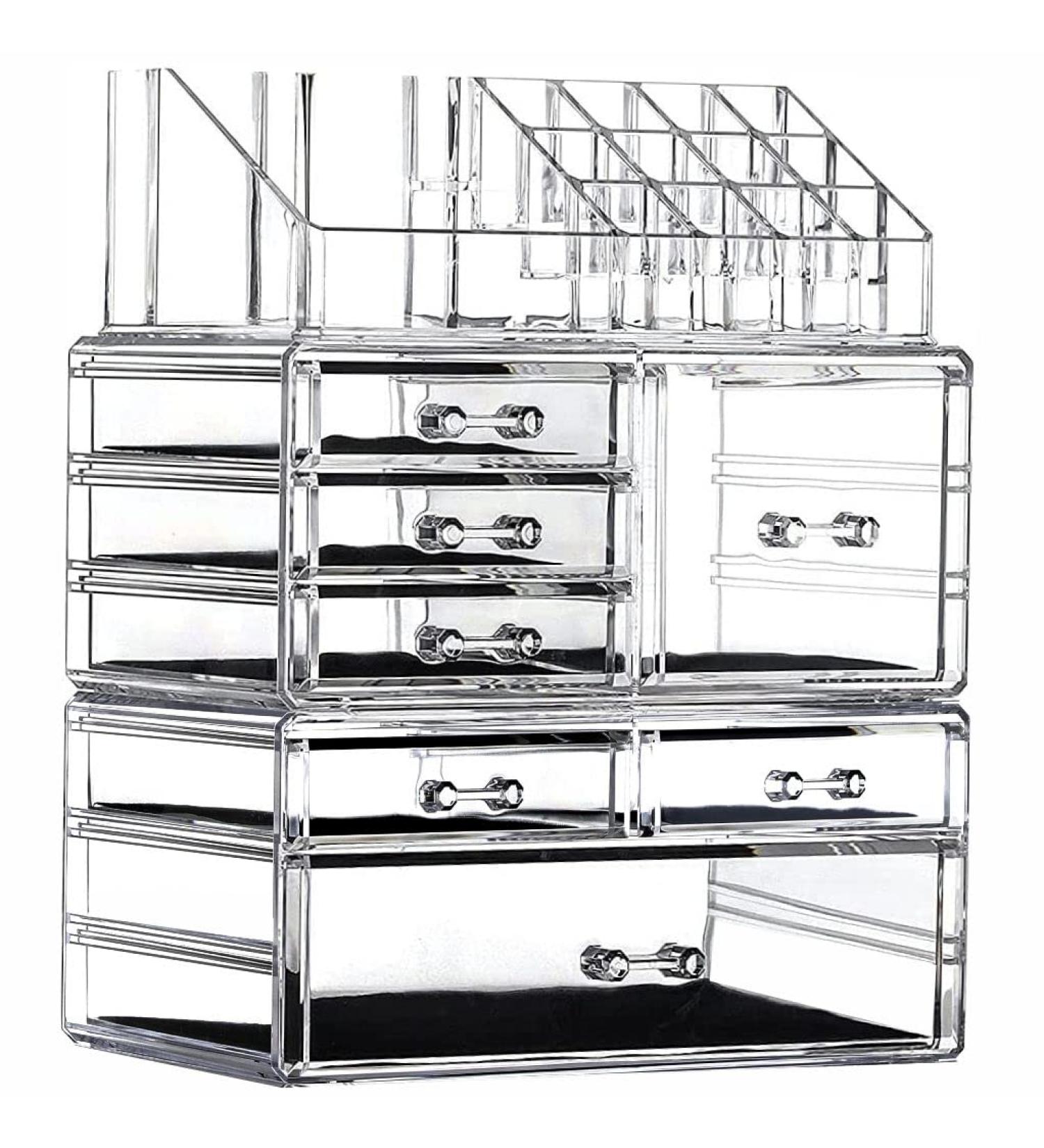Cq acrylic Stackable Makeup Organizer Set of 3 - Large Clear Cosmetic Storage Box with 7 Drawers for Vanity - Medium Size with Tray Top - Buy Online on GoSupps.com