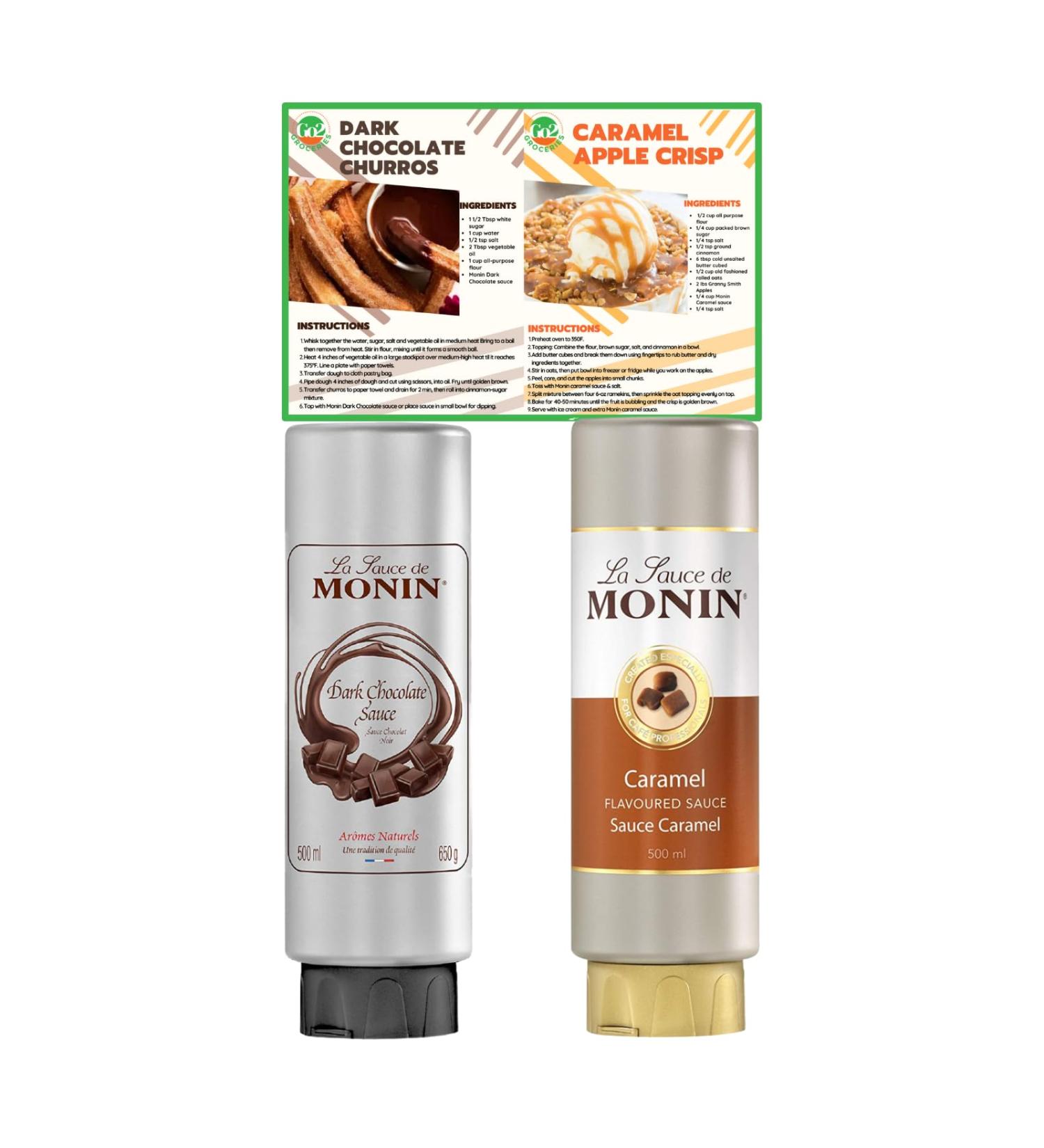 Monin Premium Chocolate & Dark Caramel Dessert Sauces Bundle (2 x 500ml) with Recipe Cards - Buy Online on GoSupps.com