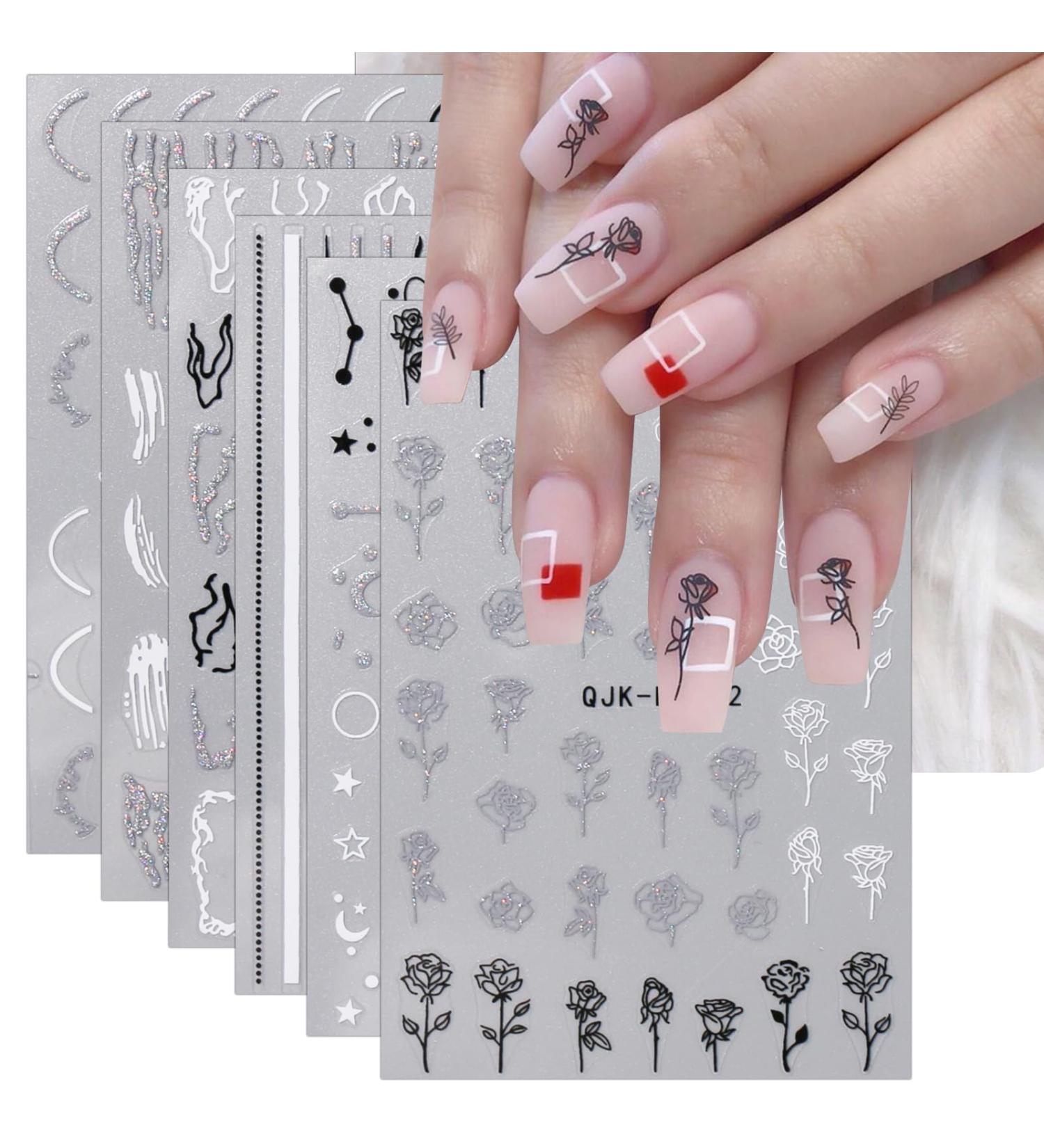 JMEOWIO 10 Sheets Glitter Black White Flower Nail Art Stickers Decals Self-Adhesive Cute Rose Nail Supplies Nail Art Design Decoration Accessories - Buy Online on GoSupps.com