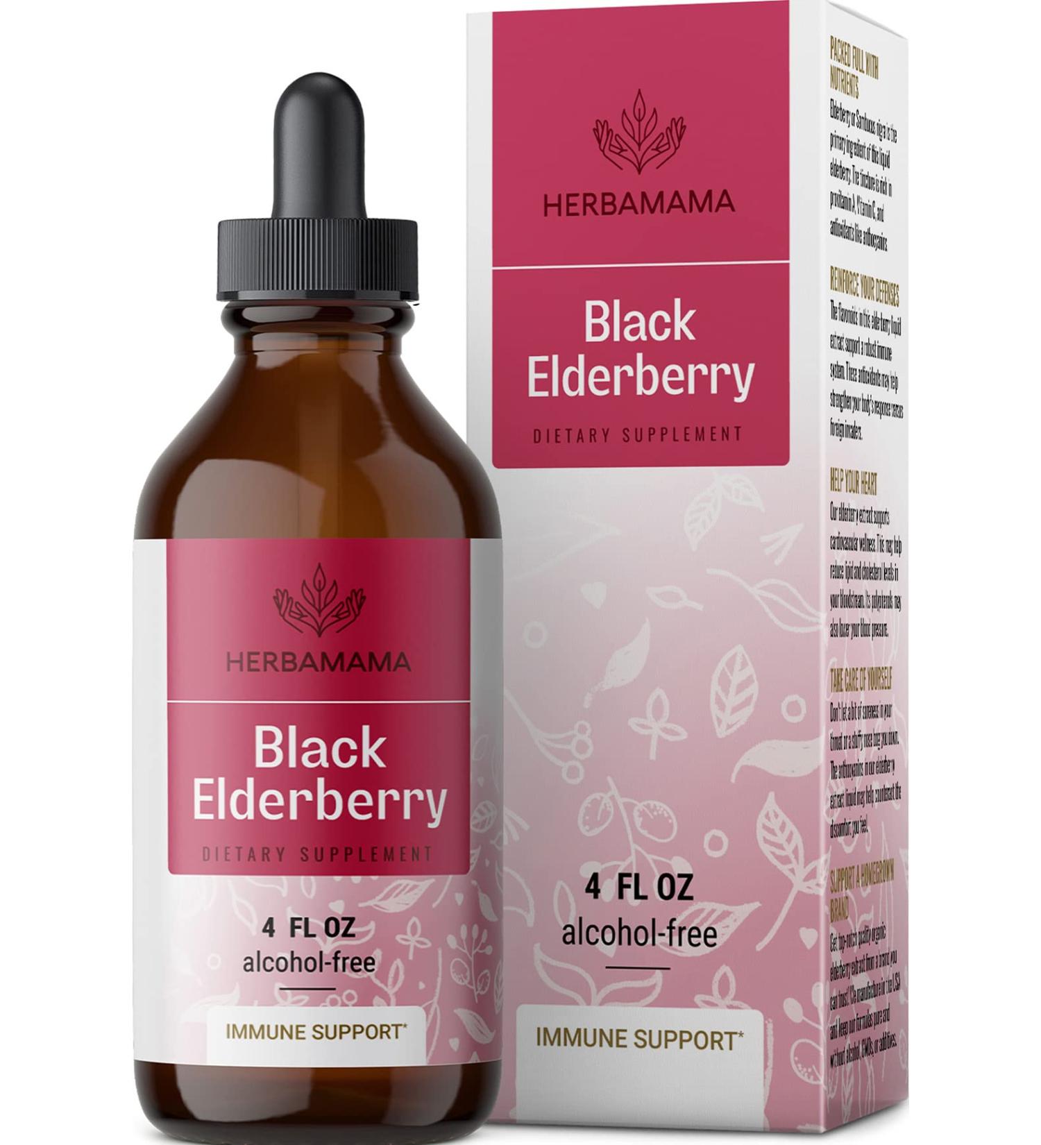 HERBAMAMA Organic Black Elderberry Liquid Extract - Alcohol-Free Elderberry Tincture for Adults - Vegan Cough Drops Supplement - 4 fl oz - Buy Online on GoSupps.com