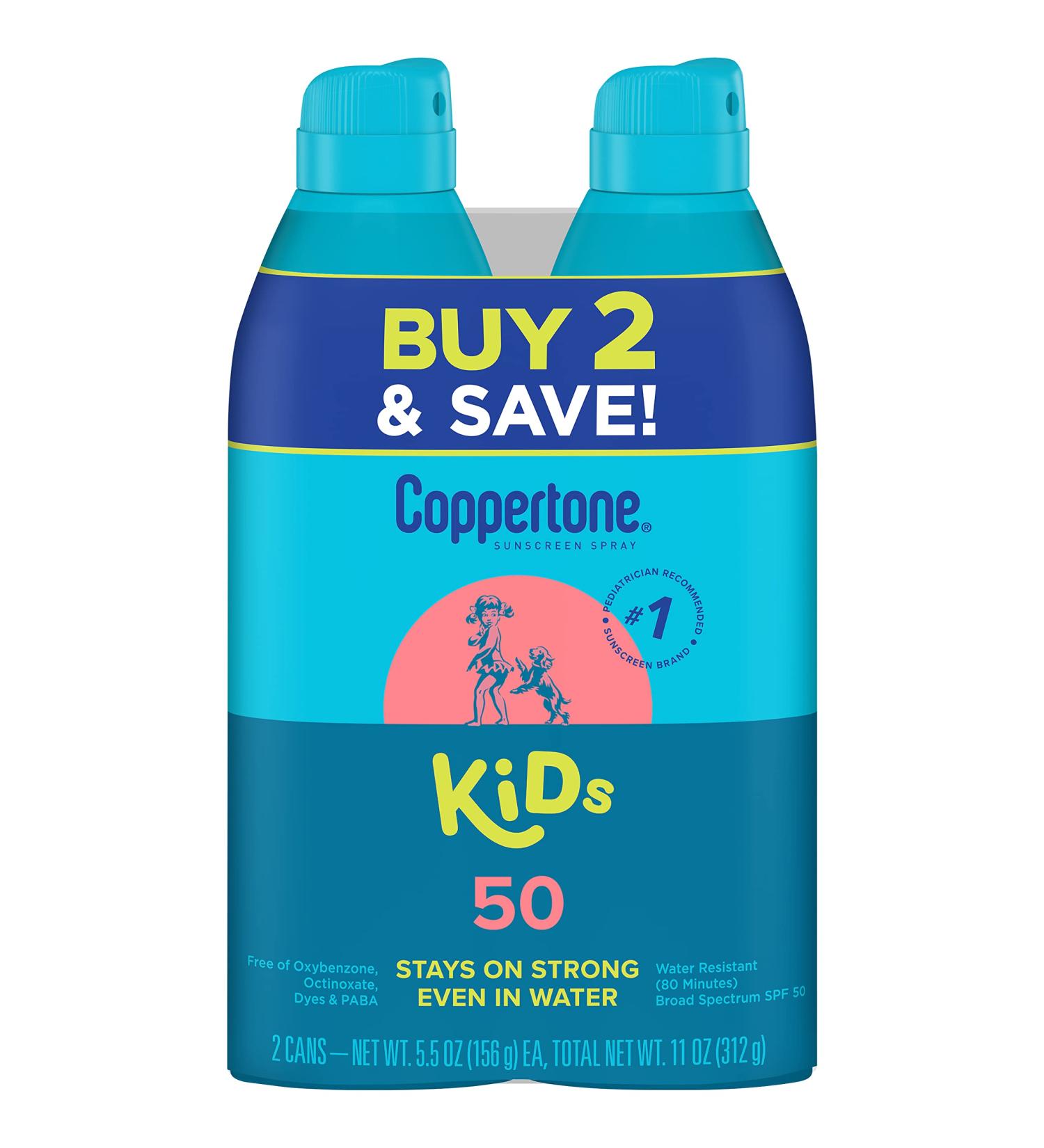 Coppertone Kids SPF 50 Water Resistant Sunscreen Spray, Pack of 2 - Pediatrician Recommended, Broad Spectrum Protection - Buy Online on GoSupps.com