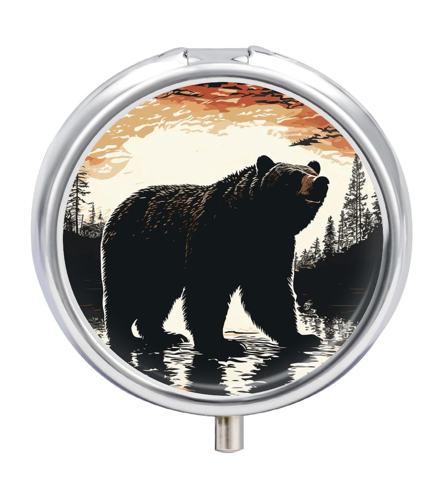 Buy Round Pill Box - Bear Silhouette Print | 3 Compartment Portable Pill Organizer | Decorative Metal Pocket Pill case | International Shipping Available - Buy Online on GoSupps.com