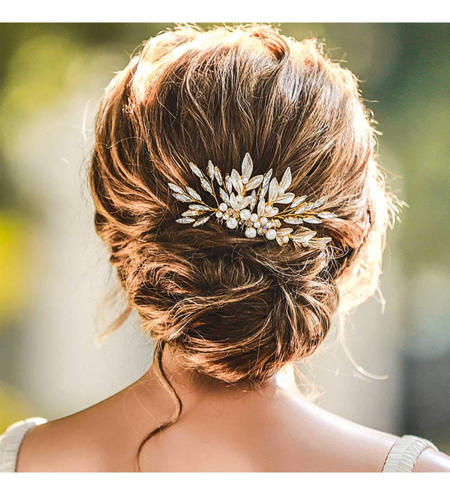 Unicra Gold Leaf Bride Wedding Hair Comb with Crystals and Pearls - Bridal Headpiece for Women and Girls - Buy Online on GoSupps.com