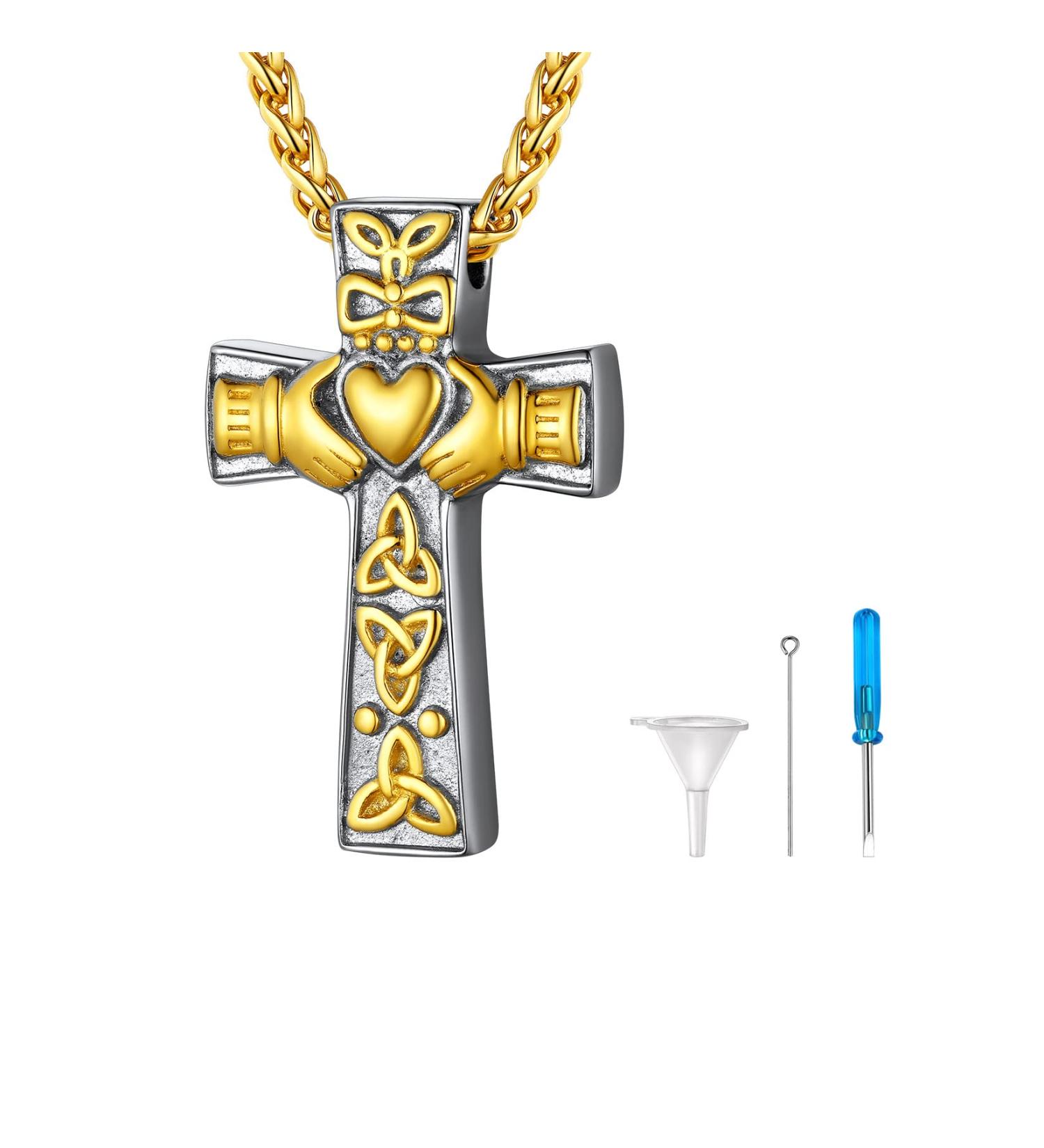 U7 Women's Cremation Urn Necklace - Cycle of Life Celtic Knot Dog Feet Wing & Crucifix Stainless Steel Pendant - Gold Burial Jewelry for Men - Buy Online on GoSupps.com