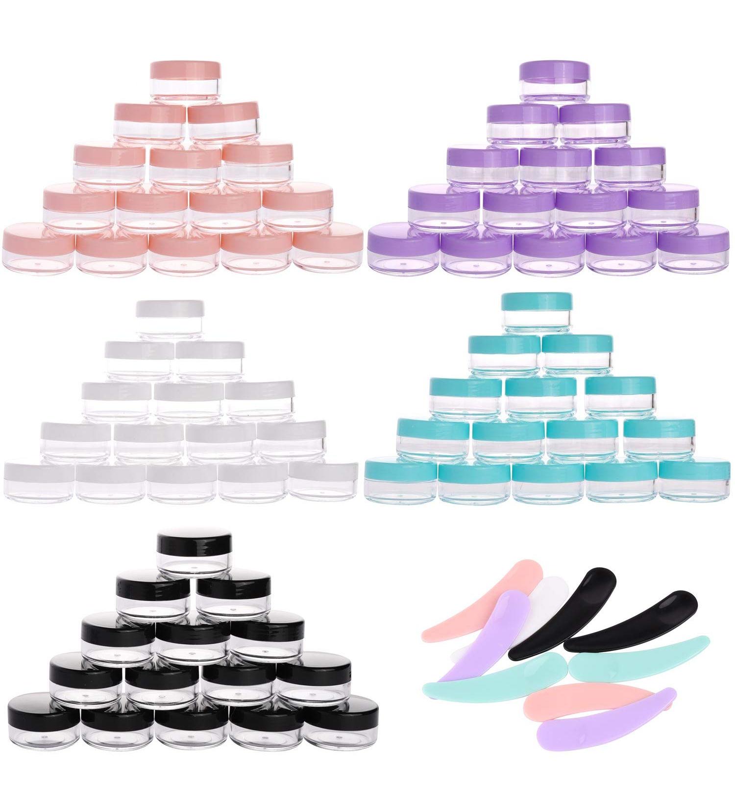 100 Count 10 gram Small Round Sample Containers with lids Cosmetic Jars Plastic Jars Makeup Containers Lip Scrub Containers Leak Proof and 10Pcs Mask Spatula for Beauty Products 10g Multi Colored - Buy Online on GoSupps.com