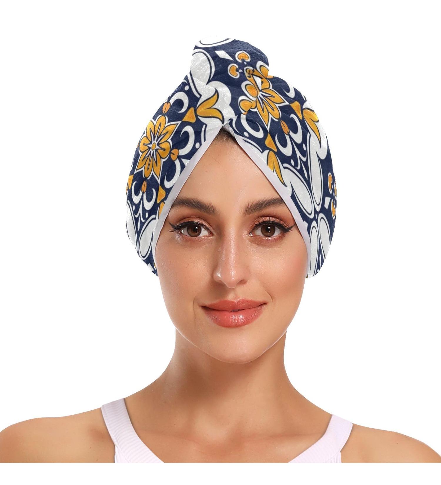 Blue Yellow Ethnic Flowers Hair Towel 2 Pack | Super Absorbent Quick Dry Hair Turbans for Women & Girls - Buy Online on GoSupps.com