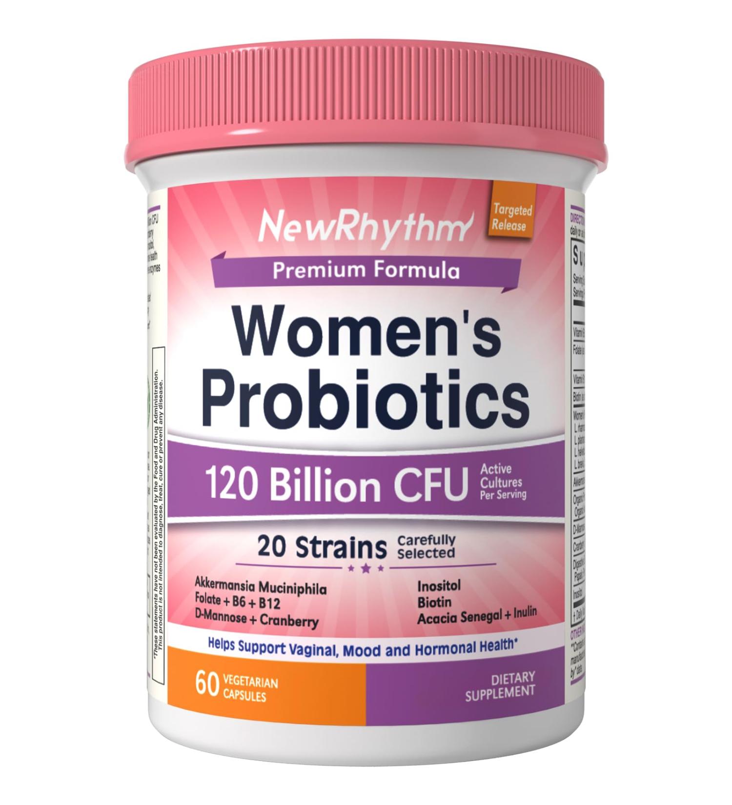 NewRhythm Probiotics for Women Akkermansia Probiotic Biotin Vitamin B6 B12 & Inositol 120 Billion CFU 20 Strains Digestive Enzymes Prebiotics & Vaginal Probiotics for PH Balance 60 Capsules - Buy Online on GoSupps.com