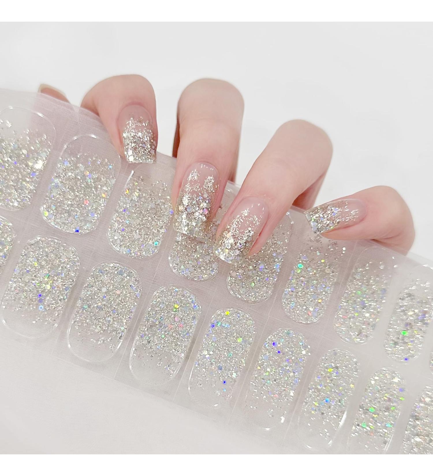 Semi Cured Gel Nails Strips 22 Stickers Nail Wraps Soft Self-Adhesive Gel Nail Stickers Salon-Quality Glitter Gel Nail Strips for Nails Manicure Require UV/LED Lamp (114-Silver Glitter) - Buy Online on GoSupps.com