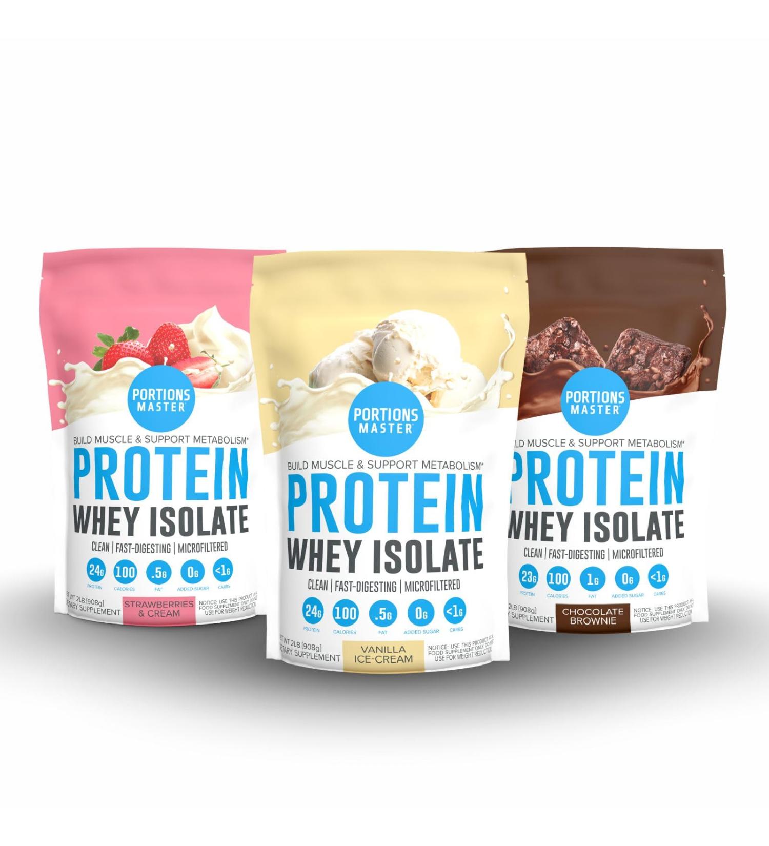 Portions Master CFM Whey Isolate Protein Powder Neapolitan Bundle Chocolate Brownie Vanilla Ice Cream & Strawberries and Cream (3 Flavor Pack) - Buy Online on GoSupps.com