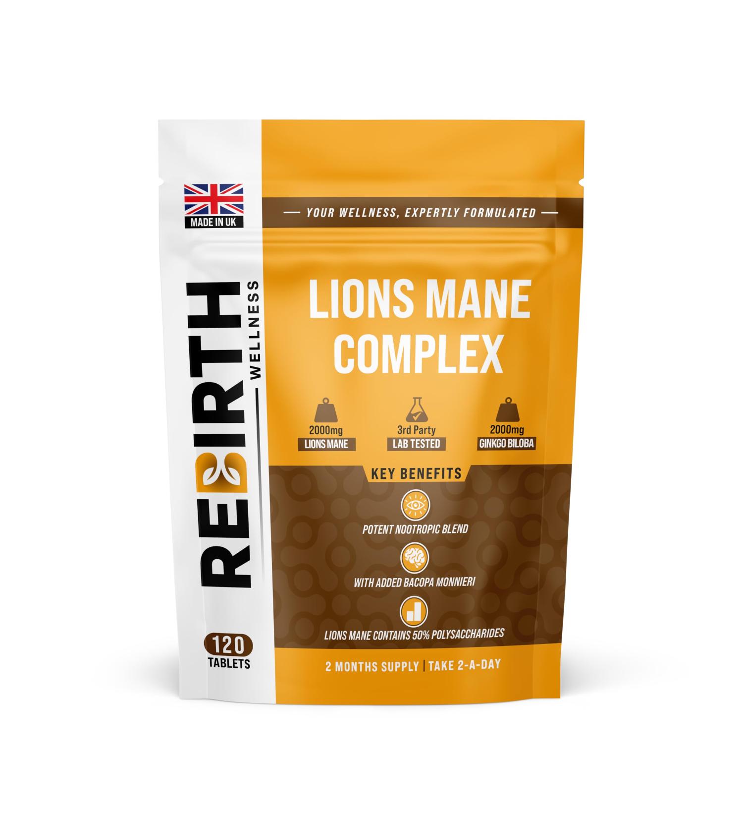 Lions Mane Supplement 2000mg High Strength Nootropic with Ginkgo Biloba & Bacopa for Focus Memory & Clarity 120 Vegan Tablets UK Made & Lab Tested - Buy Online on GoSupps.com