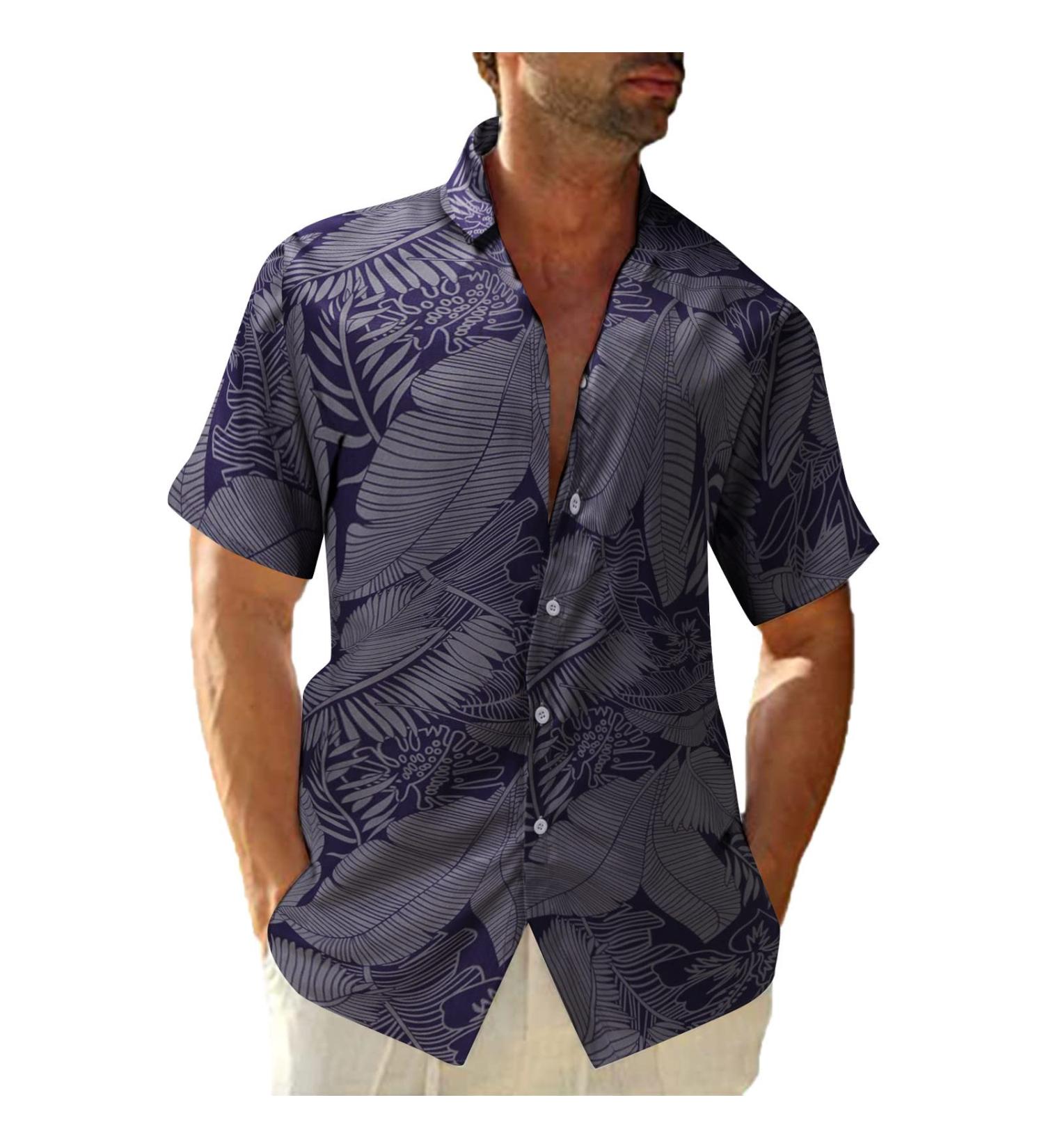 Palm Leaf Print Men's Hawaiian Shirt - Retro Slim Fit Casual Button Down - Navy X-Large - Buy Online on GoSupps.com