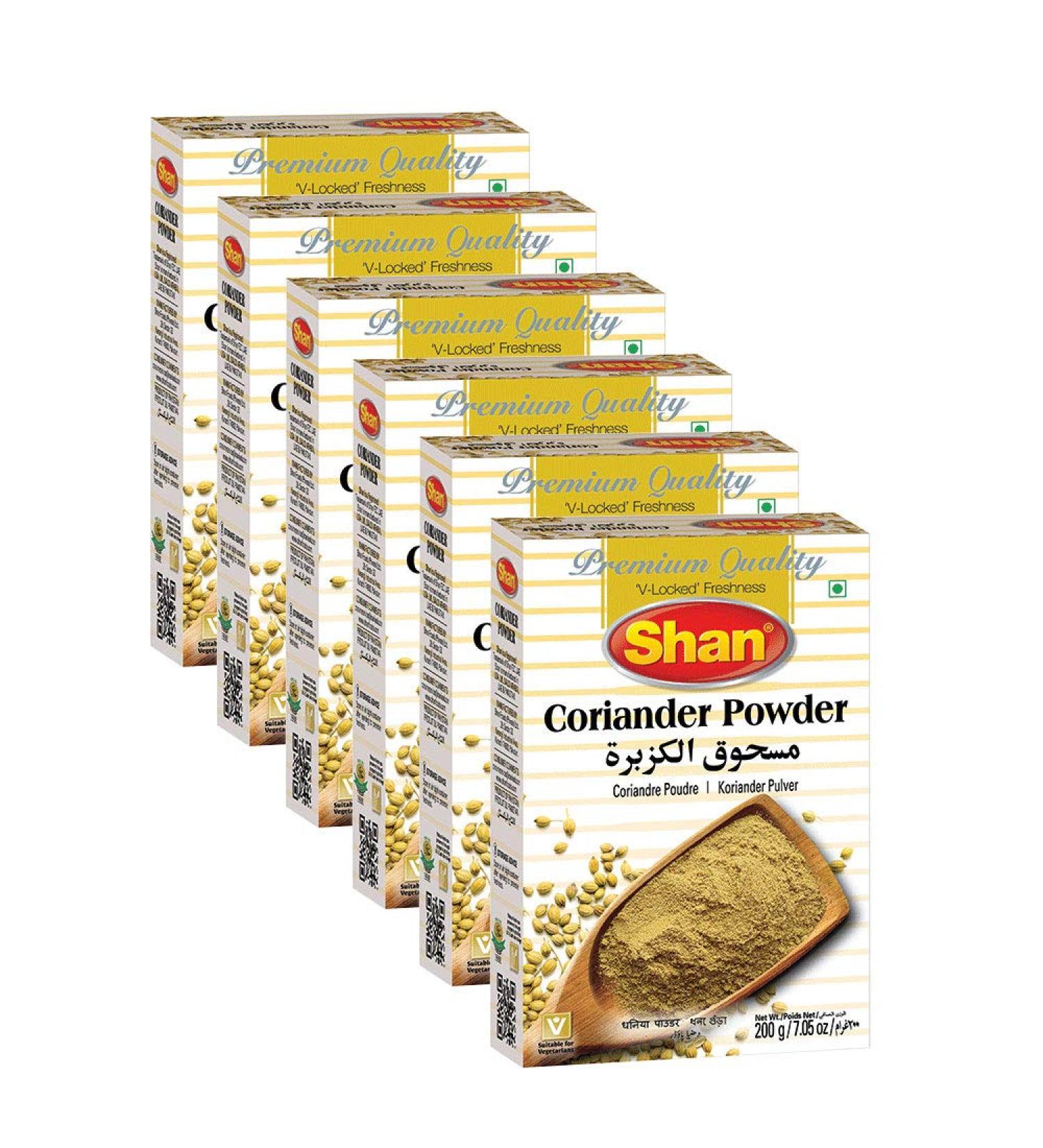 Shan Coriander Powder 7.05 oz (200g) - No Preservatives or Artificial Colors - Authentic & Pure Spices - Halal, Vegetarian - Airtight Aluminum Pouch - (6-Pack) - Buy Online on GoSupps.com