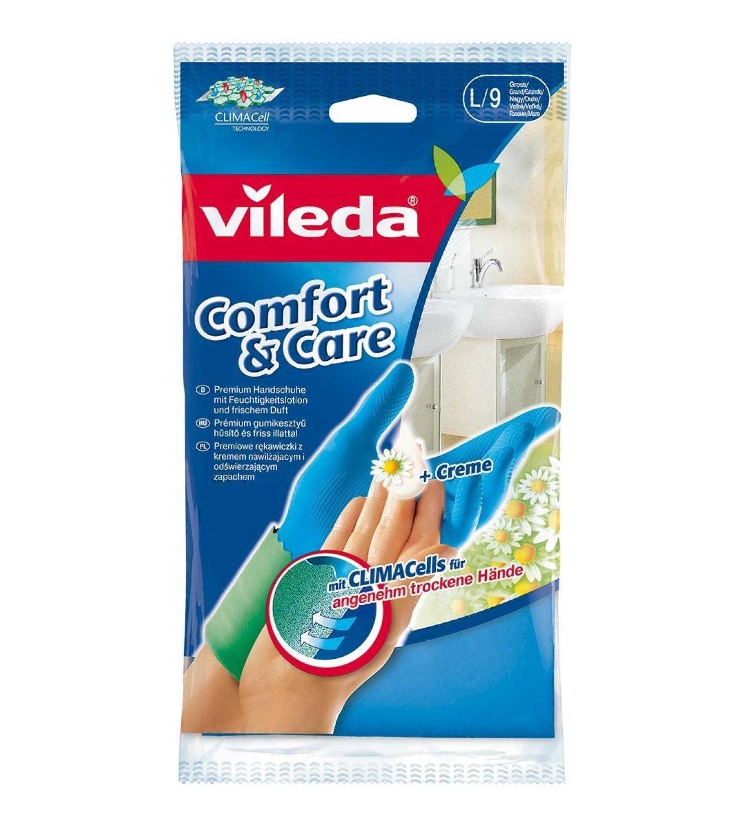 Vileda Comfort & Care Rubber Gloves with Chamomile Lotion - 3 Pack for Gentle Skin Protection | International Shipping Available - Buy Online on GoSupps.com