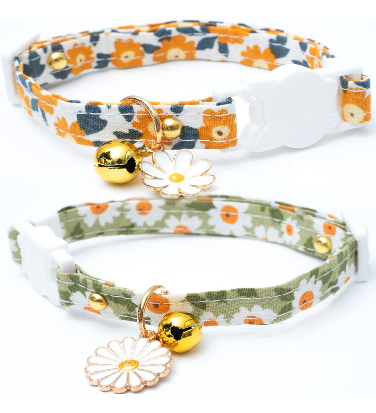 Faygarsle Cotton Breakaway Cat Collar with Bell Daisy Charm - Green & Orange - Buy Online on GoSupps.com