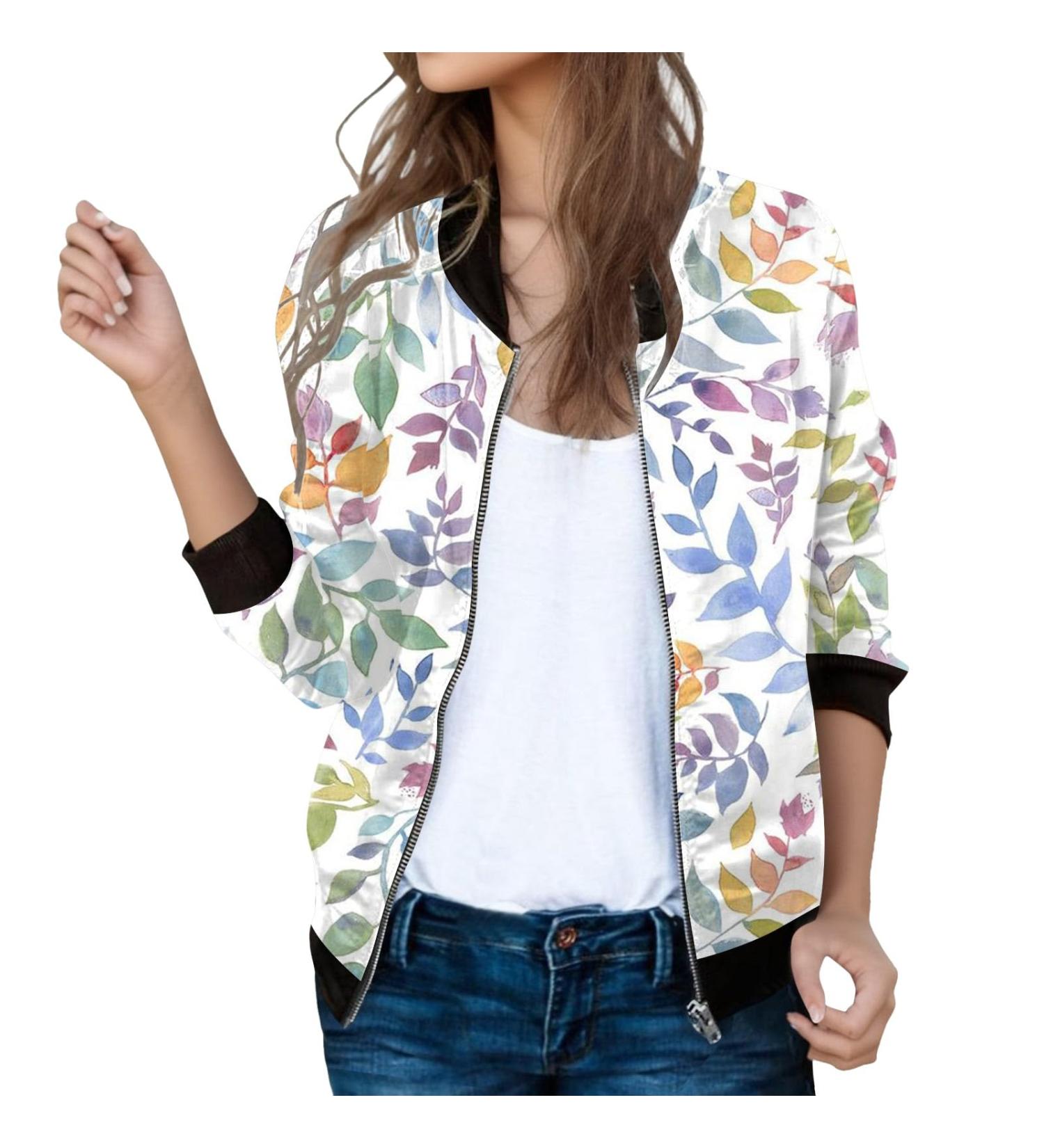 Shop Women's Light Bomber Jacket - Floral Pattern Casual Summer Aviation Outwear in Green | Trendy College Style - Buy Online on GoSupps.com